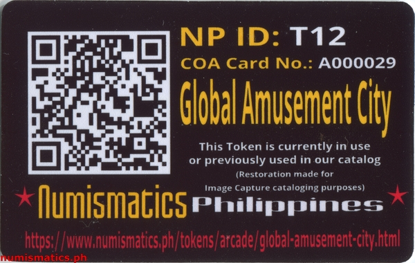 Global Amusement City Gaming Token A000029 COA Card Reverse