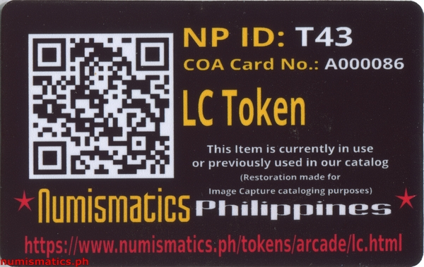 LC Arcade Gaming Token A000086 COA Card Reverse