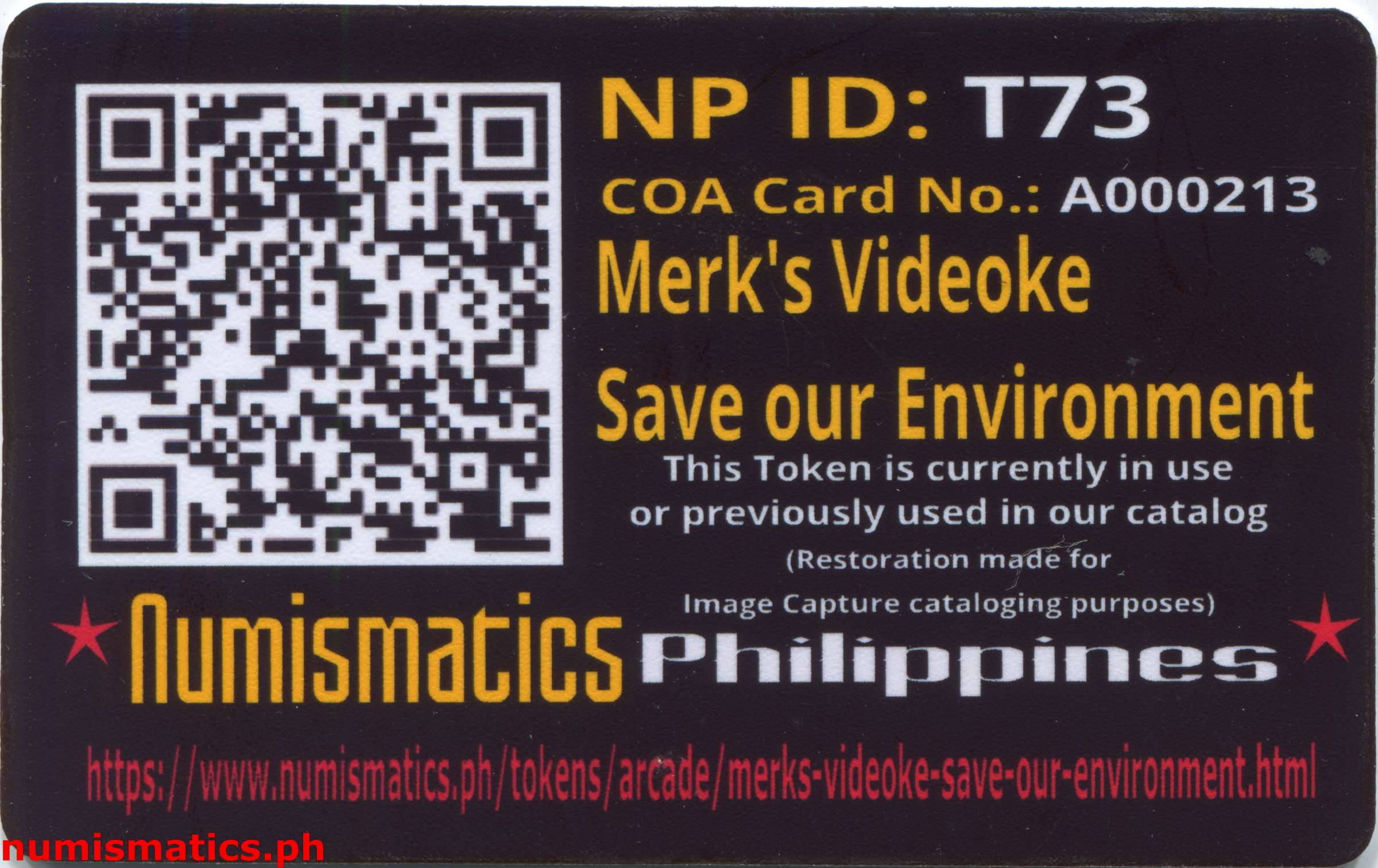 Merk's Videoke Save our Environment Token A000213 COA Card Reverse