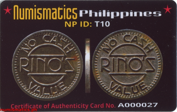 Rino's Arcade Gaming Token A000027 COA Card Obverse