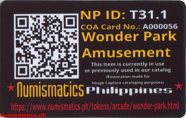 Wonder Park Large Grayish White Amusement Gaming Token A000056 COA Card Reverse