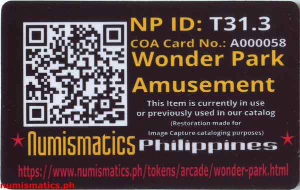 Wonder Park Small Brown Amusement Gaming Token A000058 COA Card Reverse