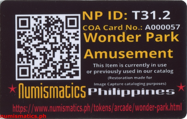 Wonder Park Small Grayish White Amusement Gaming Token A000057 COA Card Reverse