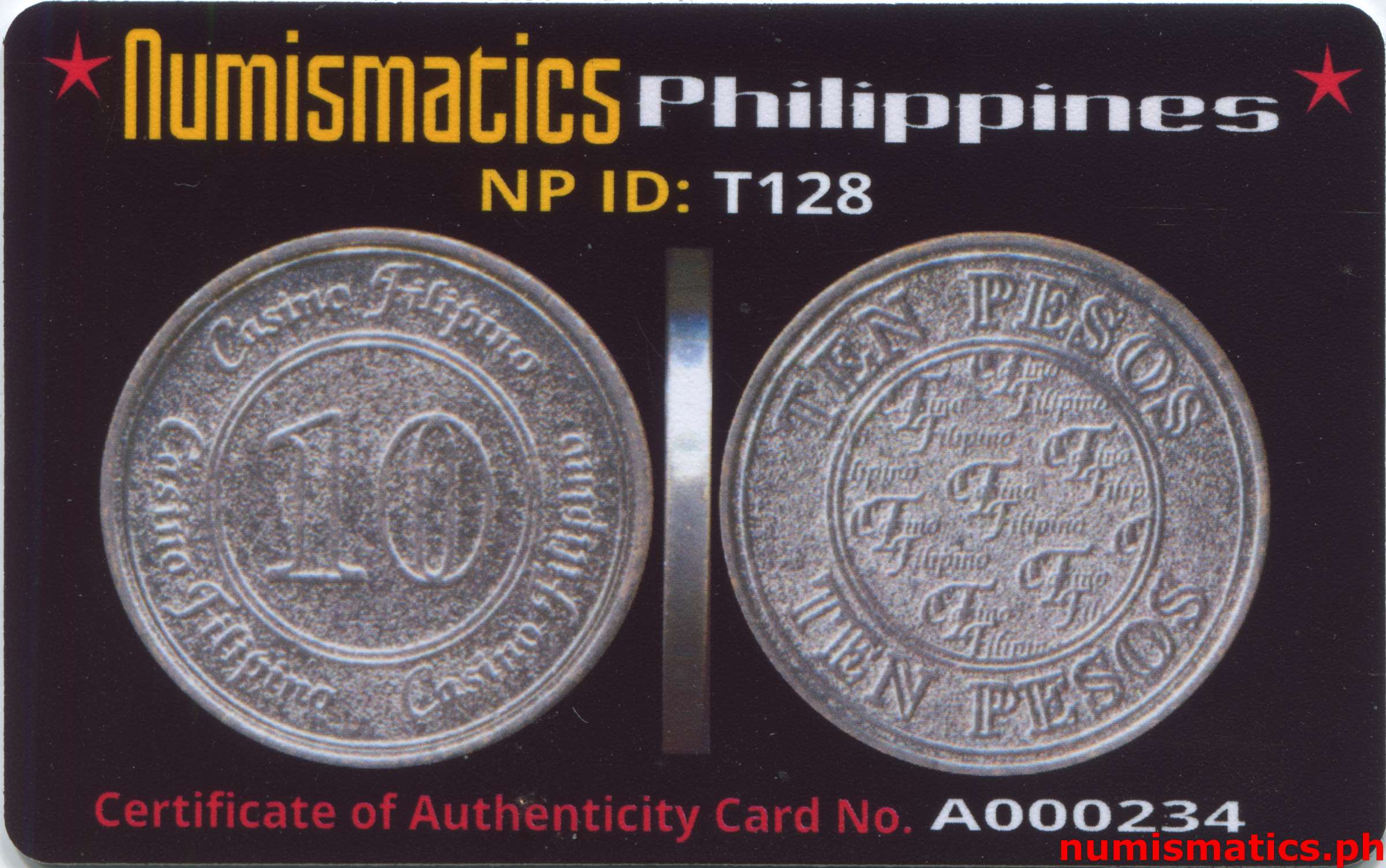 10 Pesos Casino Filipino Token A000234 COA Card Obverse