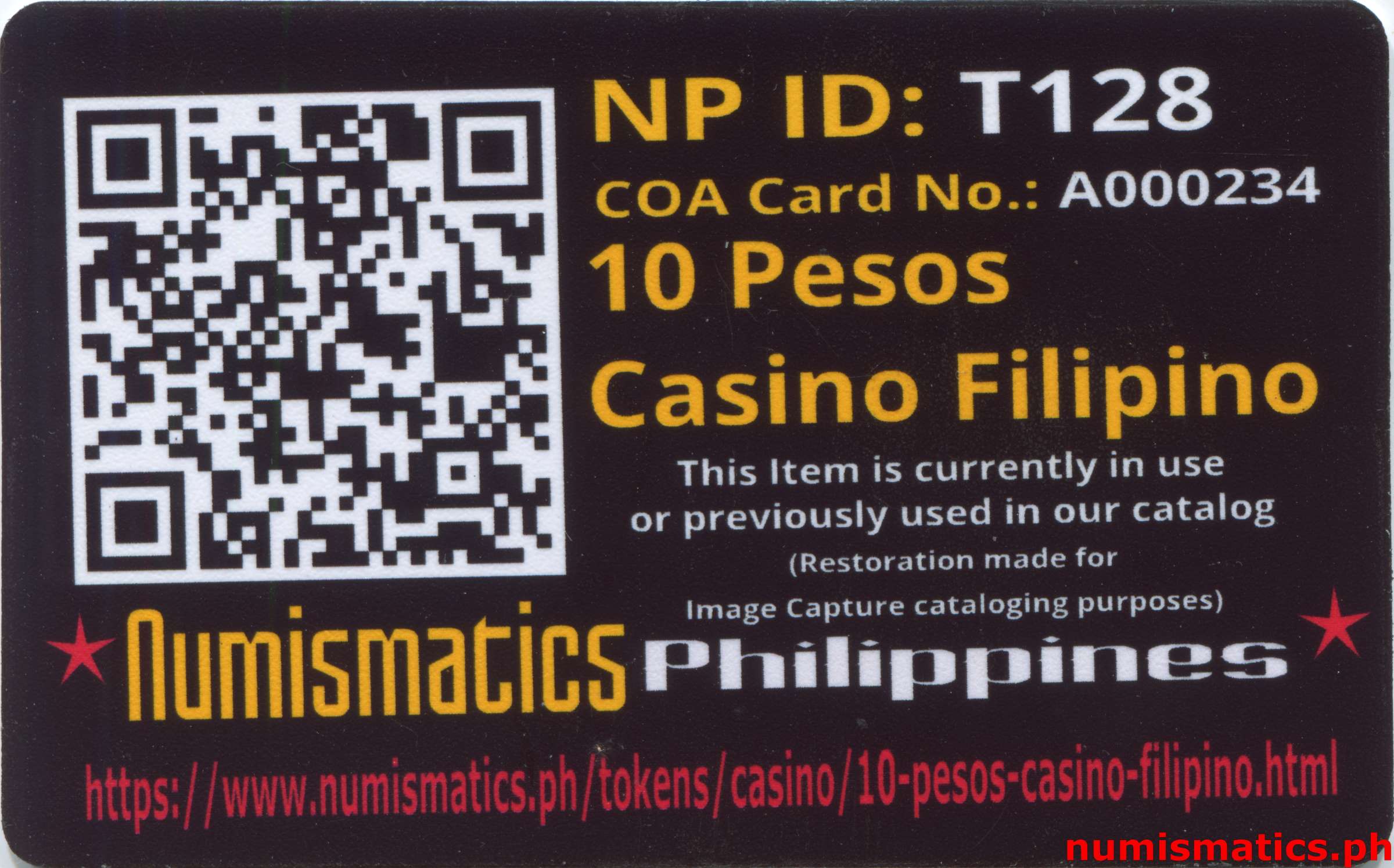 10 Pesos Casino Filipino Token A000234 COA Card Reverse