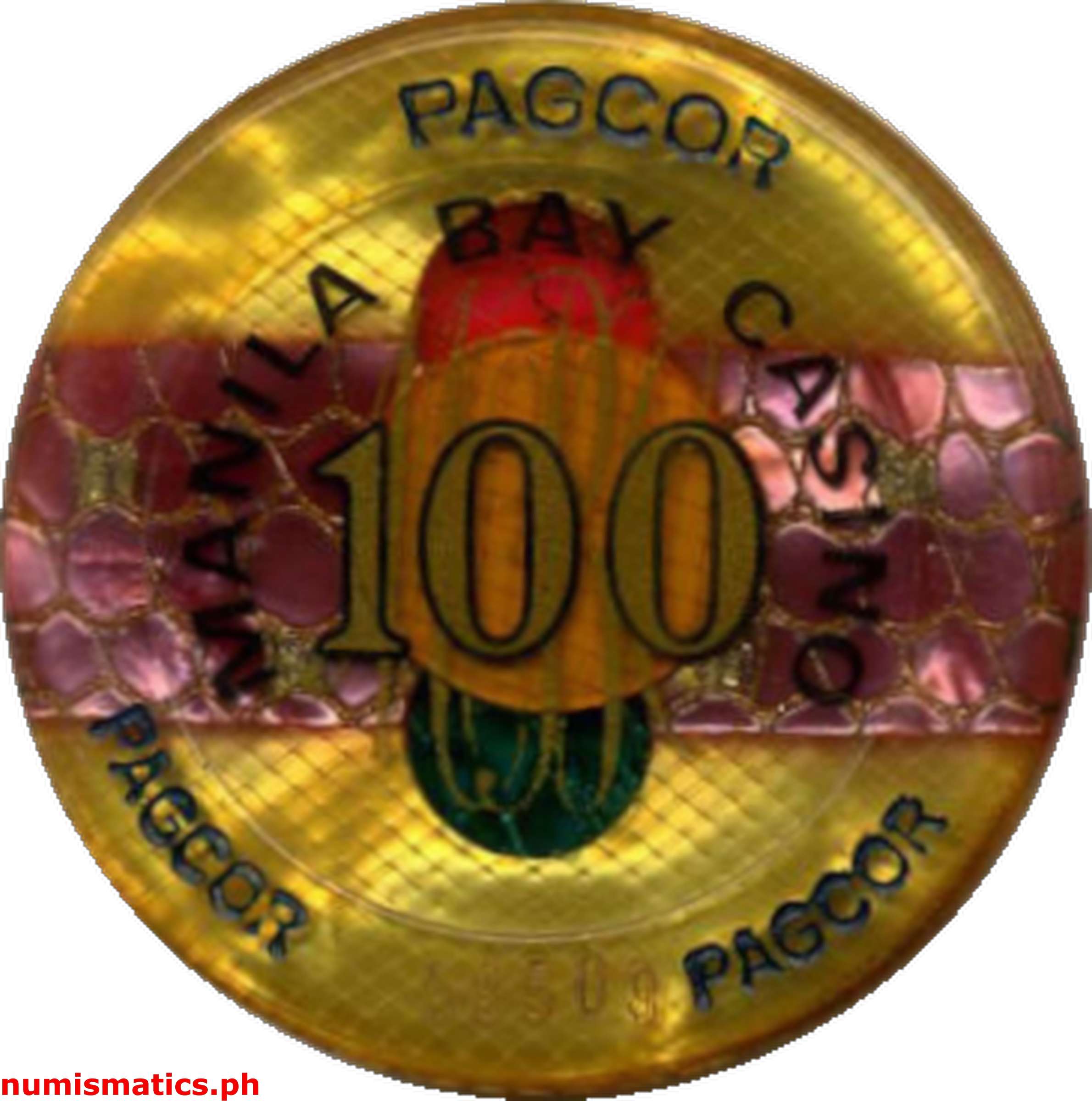 100 Pesos Golden Yellow PAGCOR Manila Bay Casino Chip