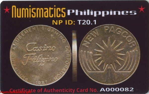 1987 Casino Filipino Token A000082 COA Card Obverse