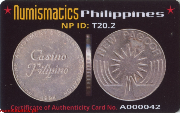 1994 Casino Filipino Token A000042 COA Card Obverse