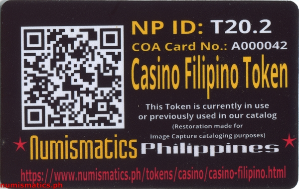 1994 Casino Filipino Token A000042 COA Card Reverse