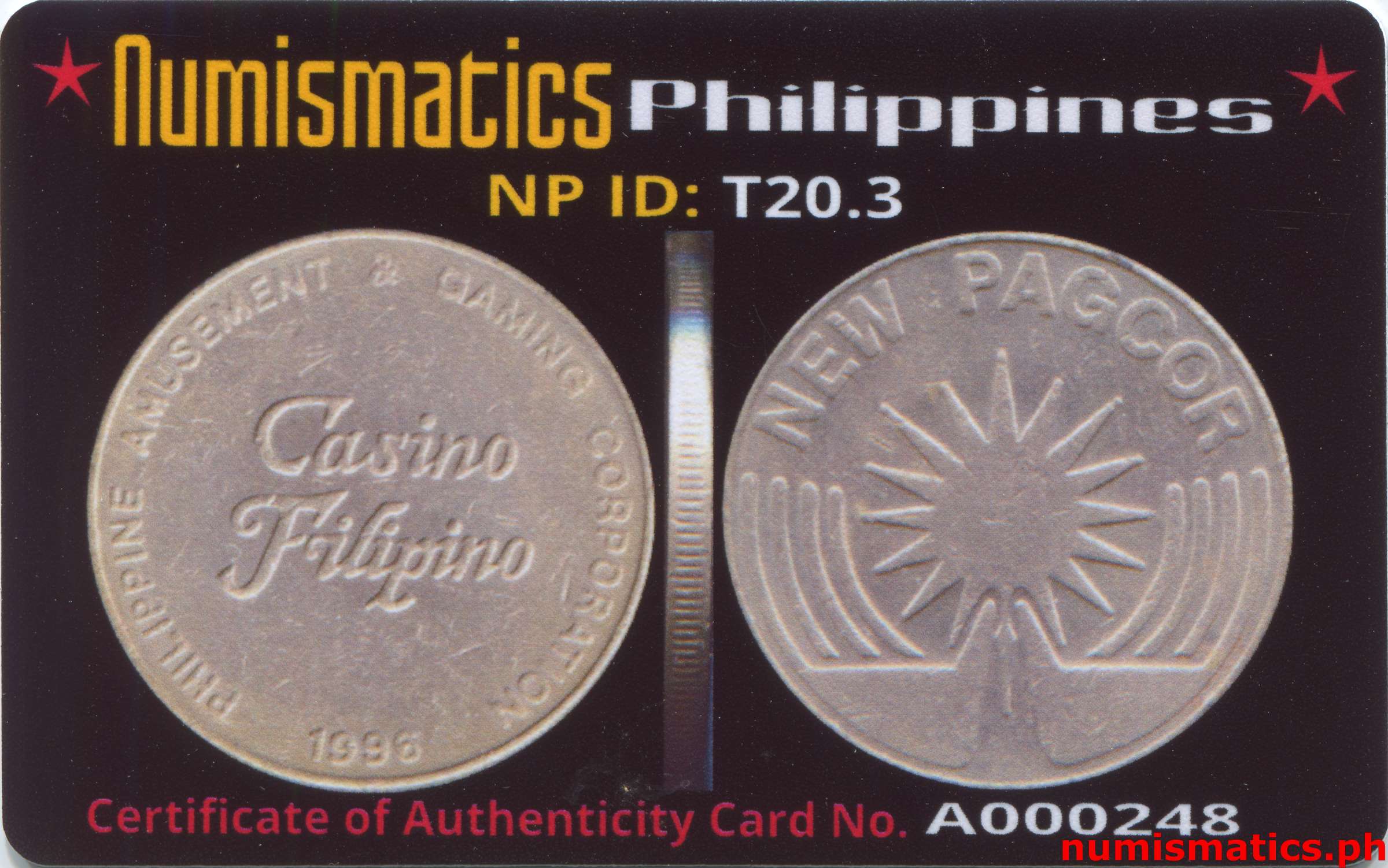 1996 Casino Filipino Token A000248 COA Card Obverse