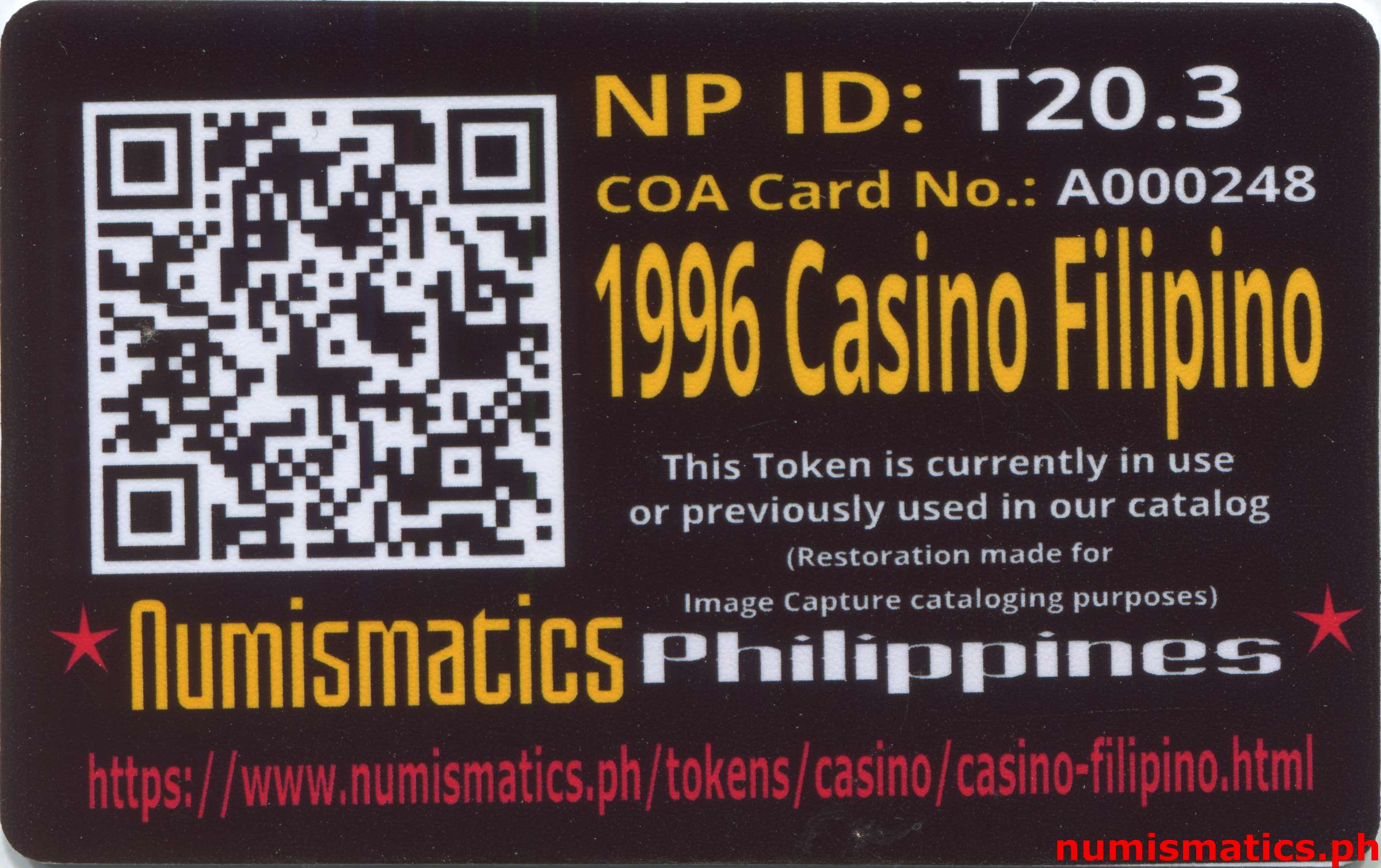 1996 Casino Filipino Token A000248 COA Card Reverse