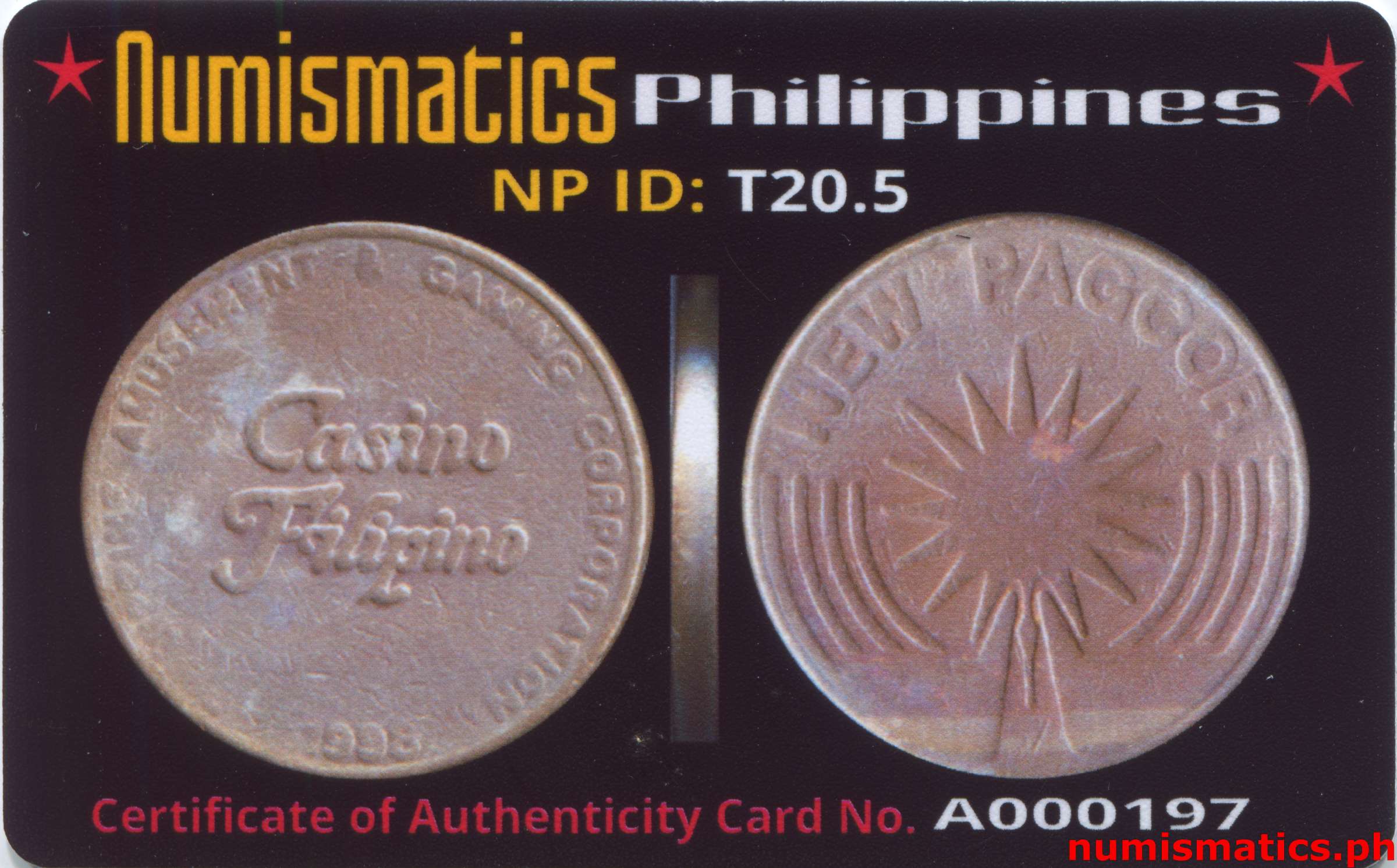 1998 Casino Filipino Token A000197 COA Card Obverse