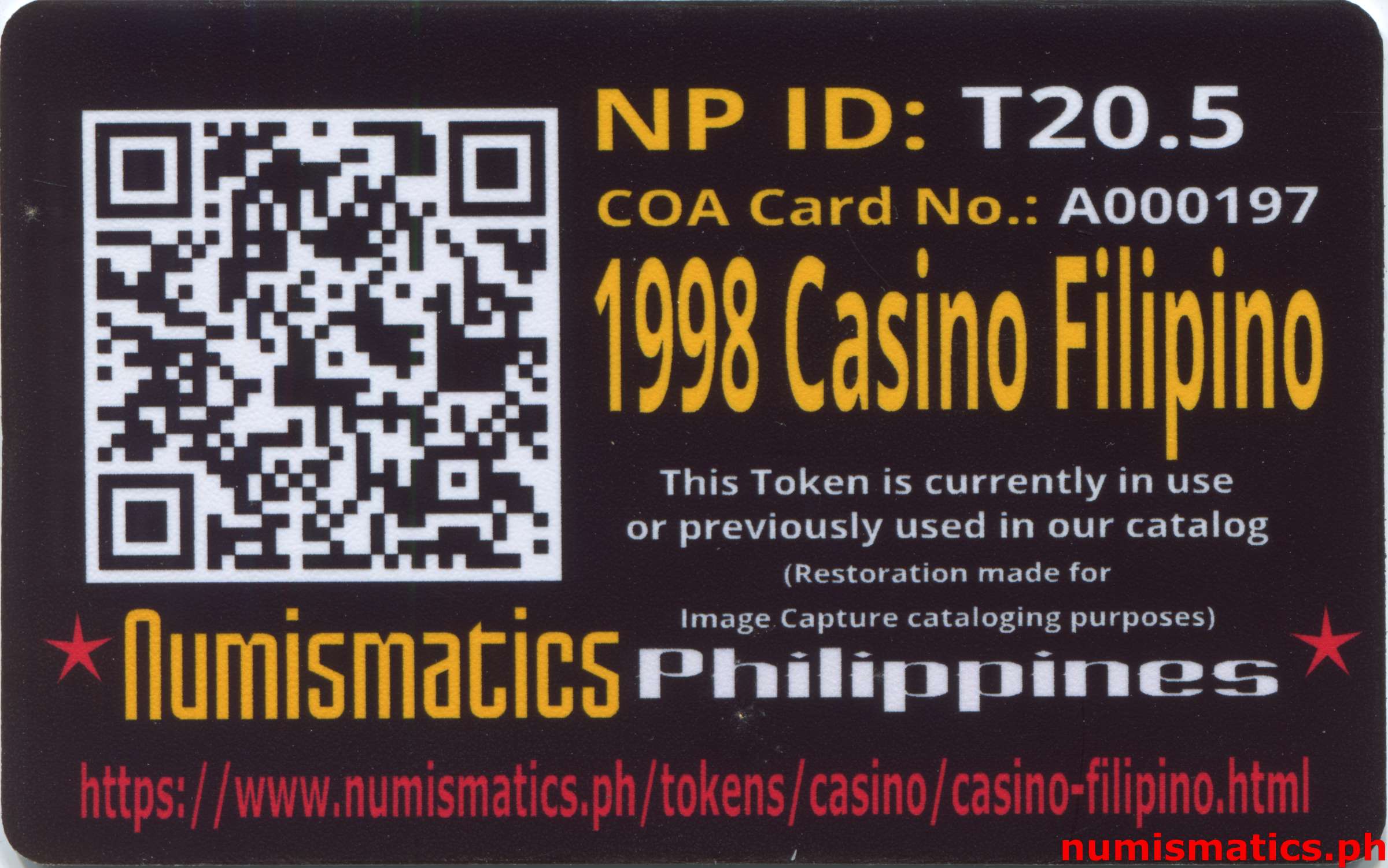 1998 Casino Filipino Token A000197 COA Card Reverse