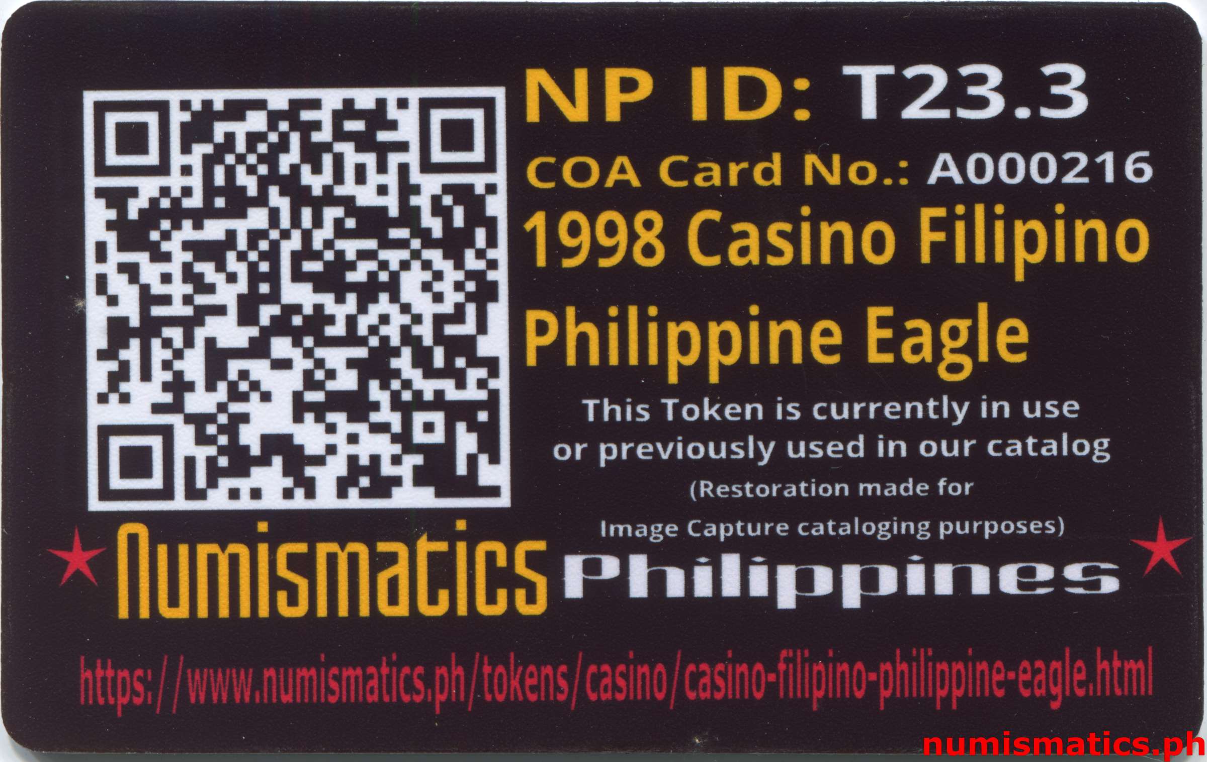 1998 Casino Filipino Philippine Eagle Token A000216 COA Card Reverse