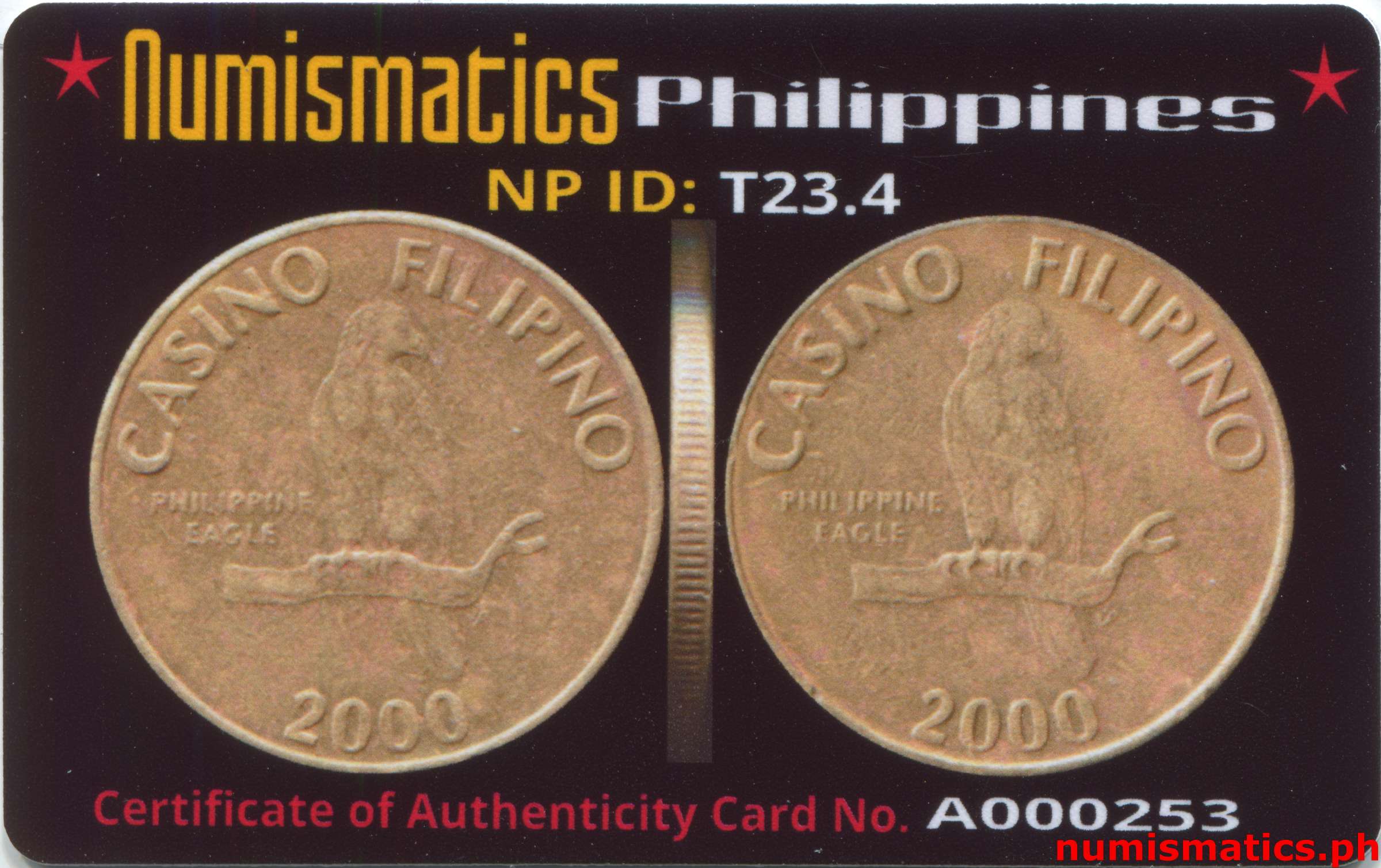 2000 Casino Filipino Philippine Eagle Token A000253 COA Card Obverse