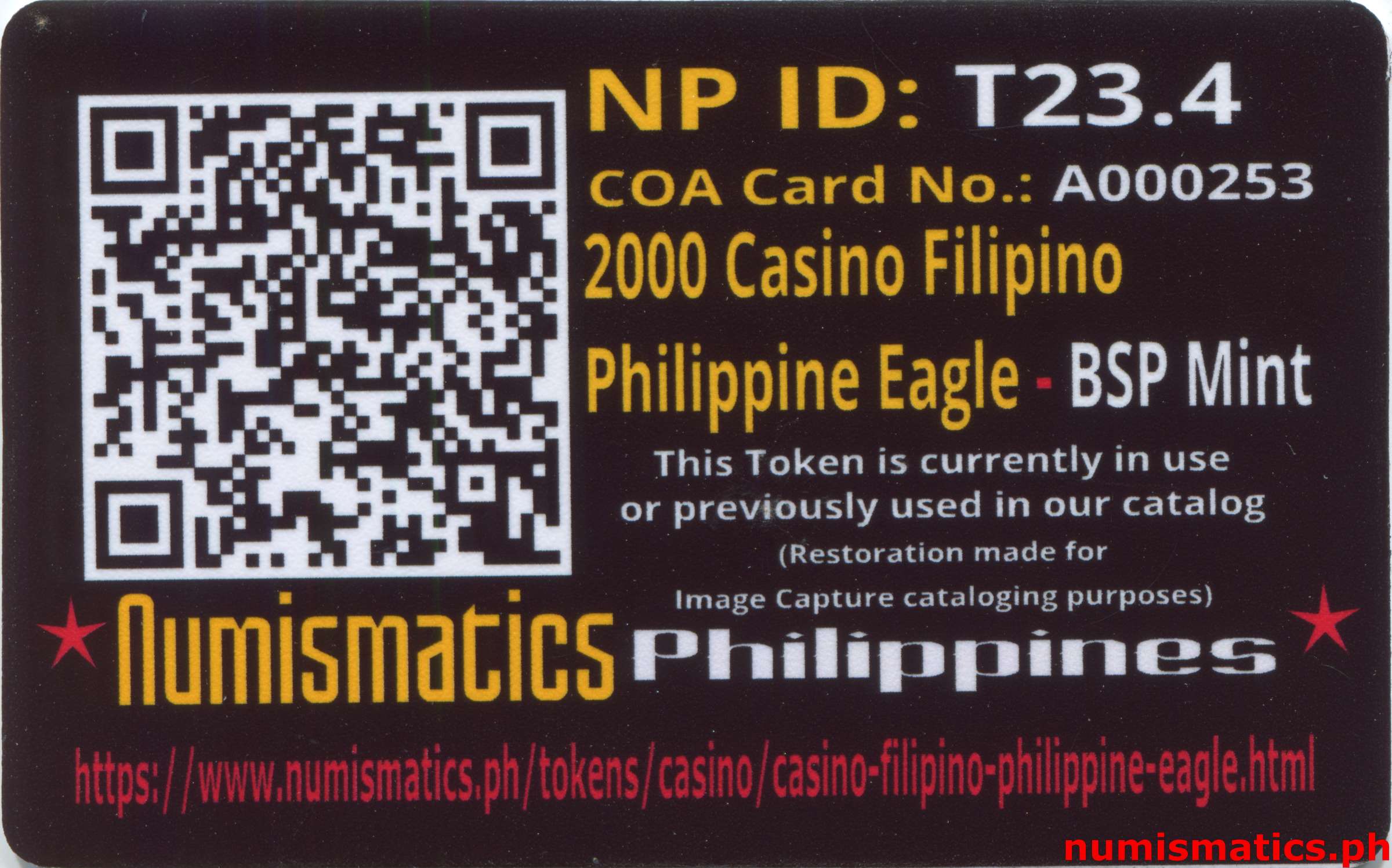 2000 Casino Filipino Philippine Eagle Token A000253 COA Card Reverse