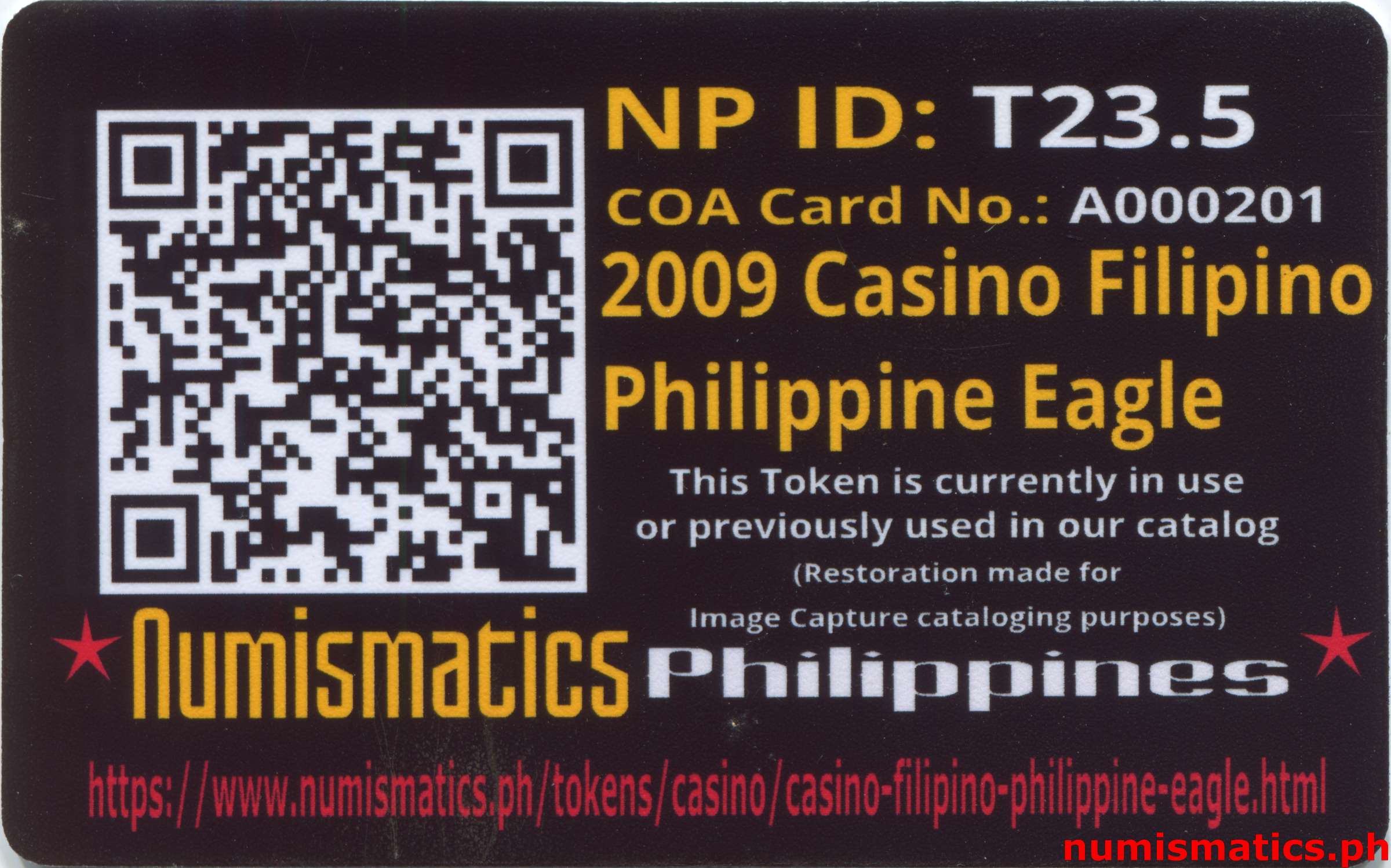 2009 Casino Filipino Philippine Eagle Token A000201 COA Card Reverse