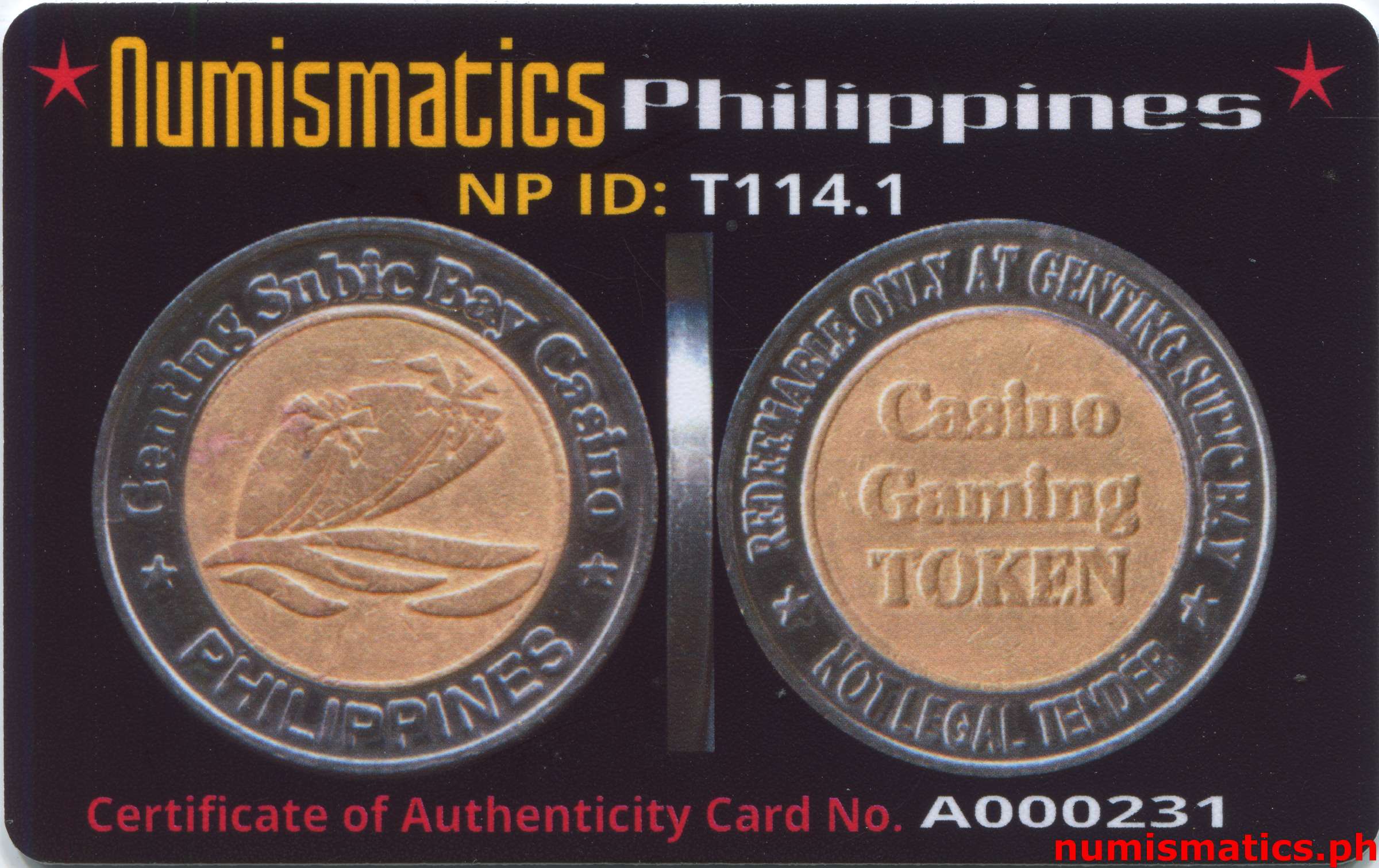 Genting Subic Bay Casino Gaming Token A000231 COA Card Obverse