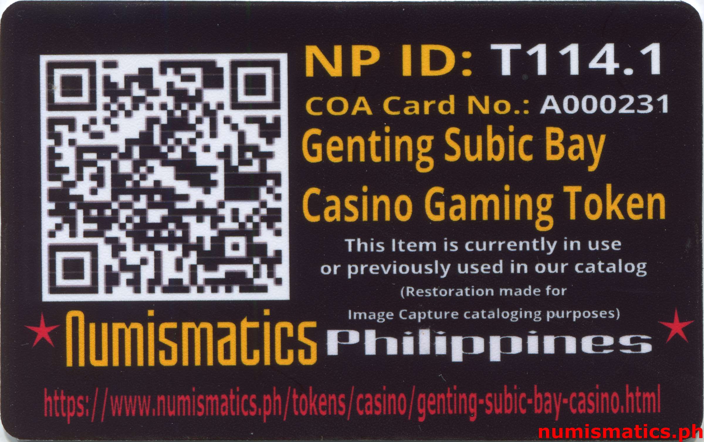 Genting Subic Bay Casino Gaming Token A000231 COA Card Reverse