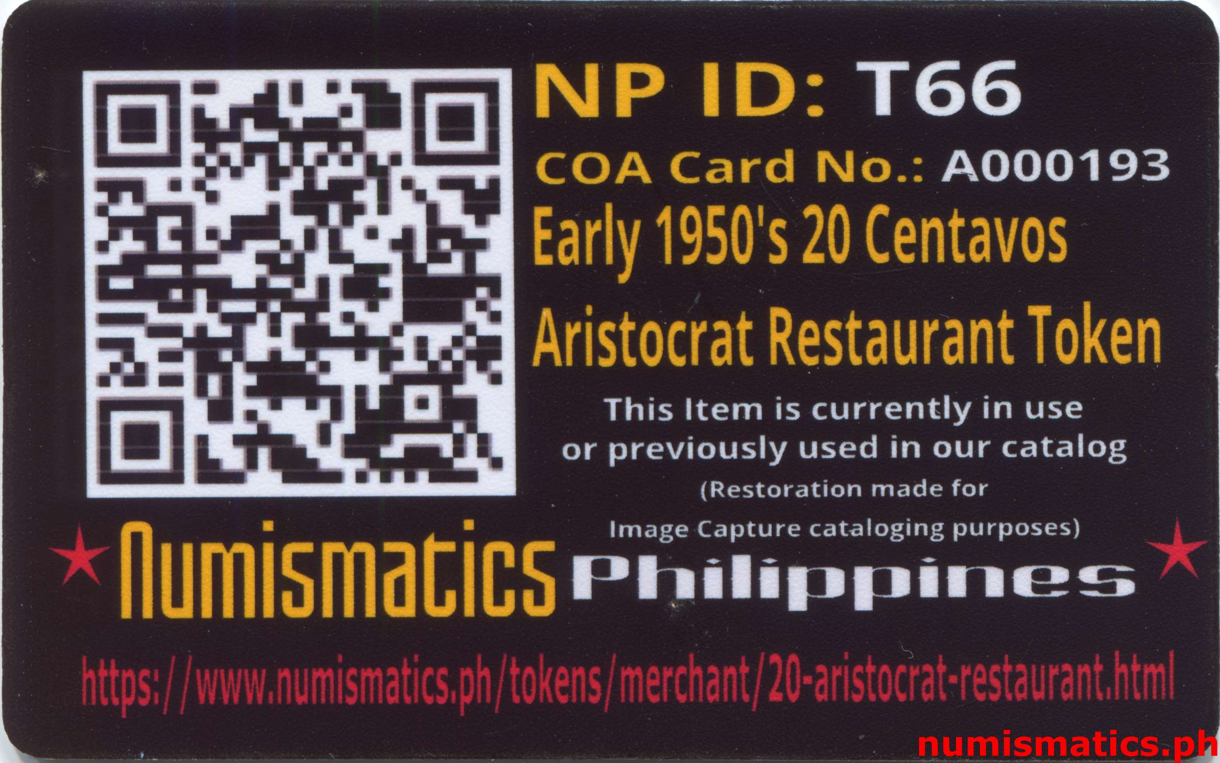 Early 1950's 20 Centavos Aristocrat Restaurant Token A000193 COA Card Reverse