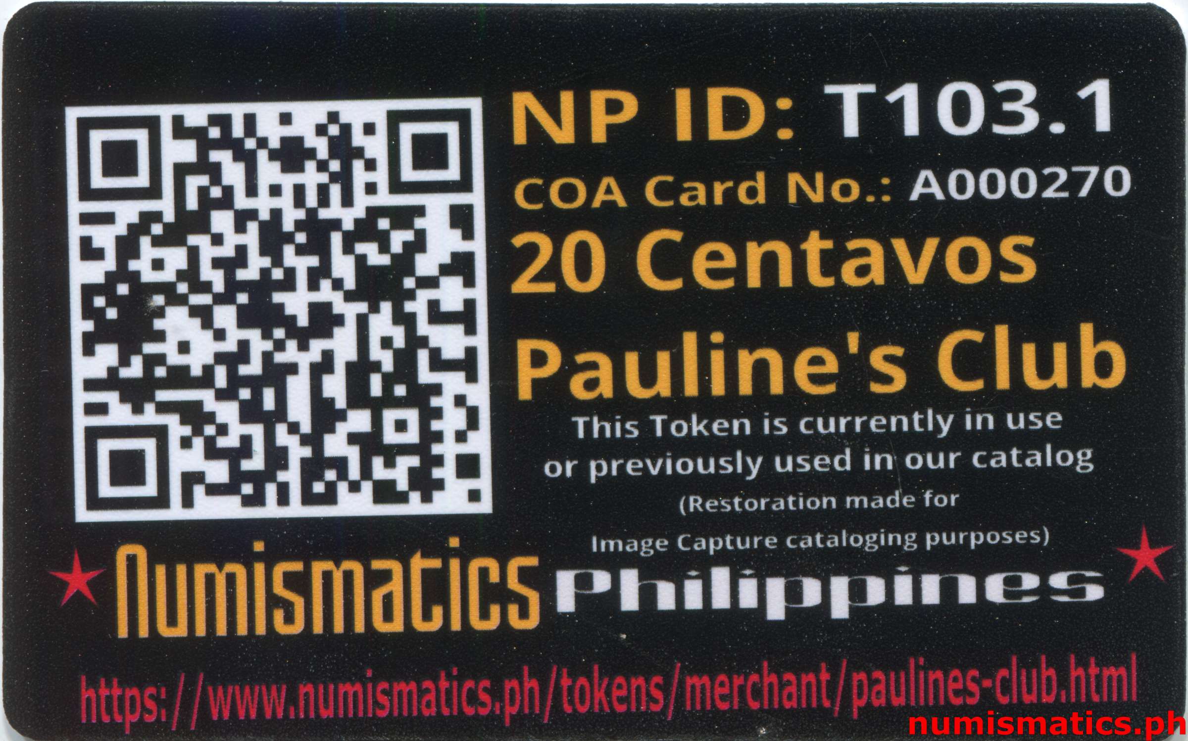 20 Centavos Pauline's Club Token A000270 COA Card Reverse