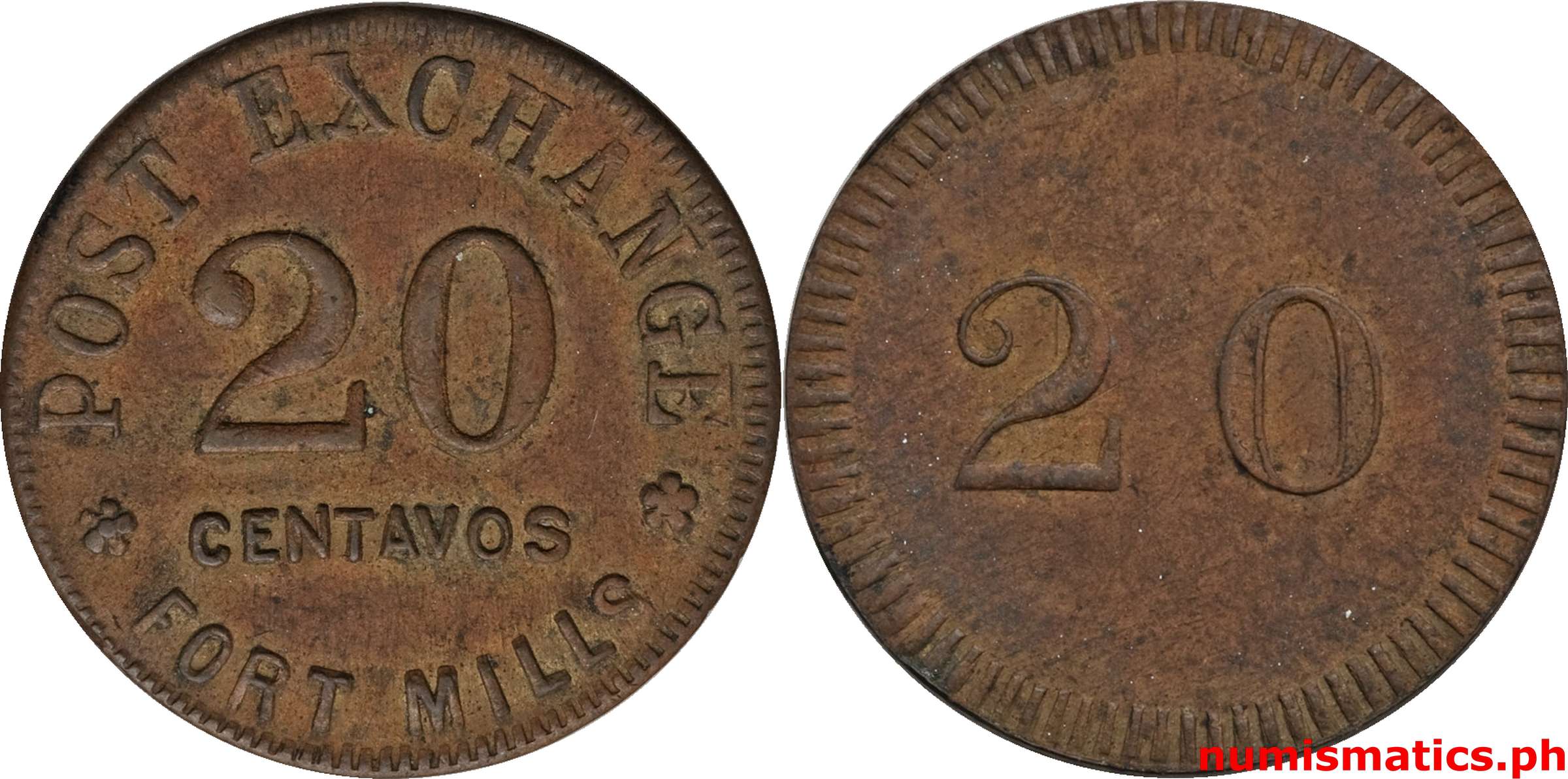 1940's 20 Centavos Post Exchange Fort Mills Token Lined