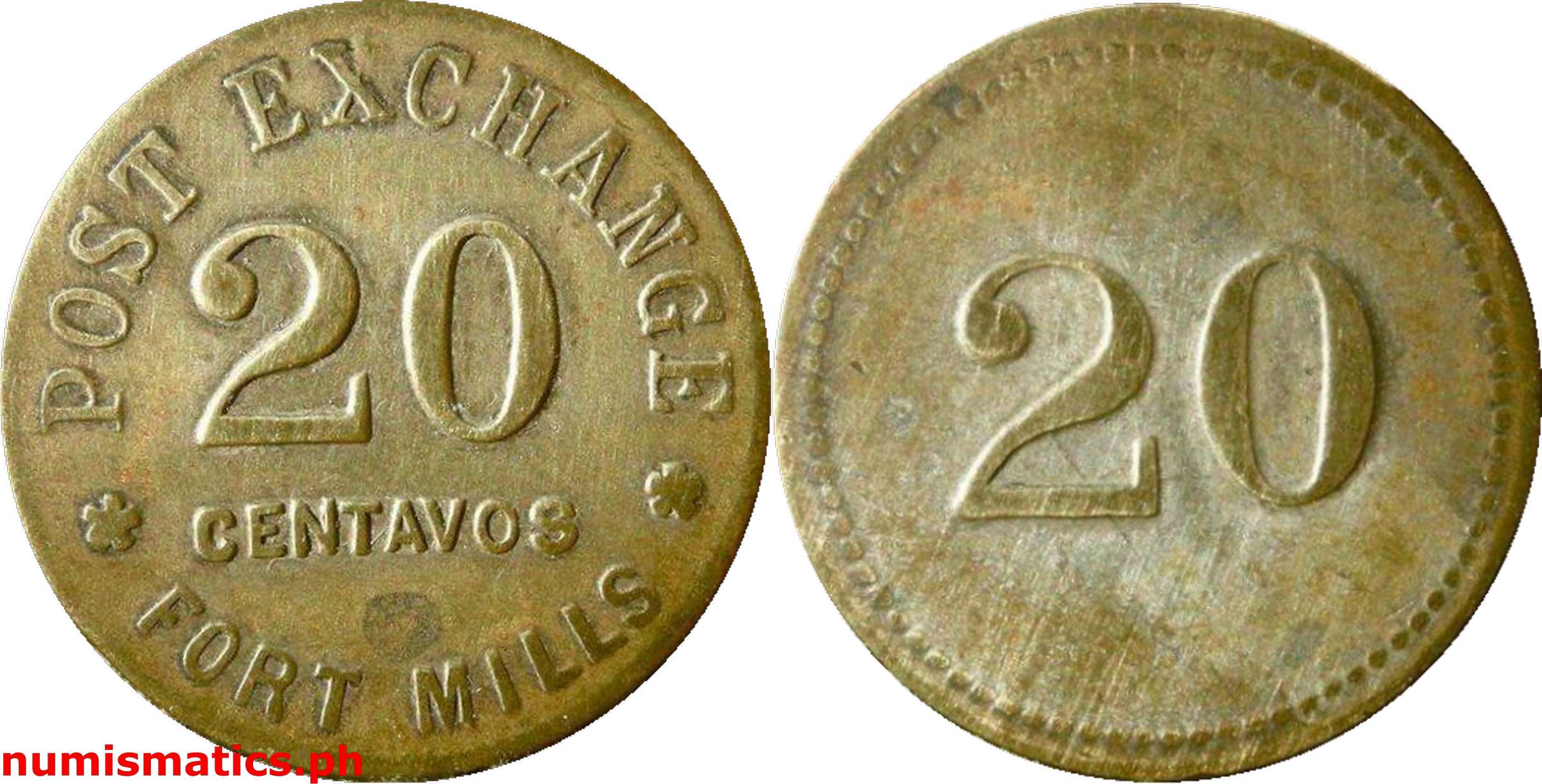 1940's 20 Centavos Post Exchange Fort Mills Token Rounded