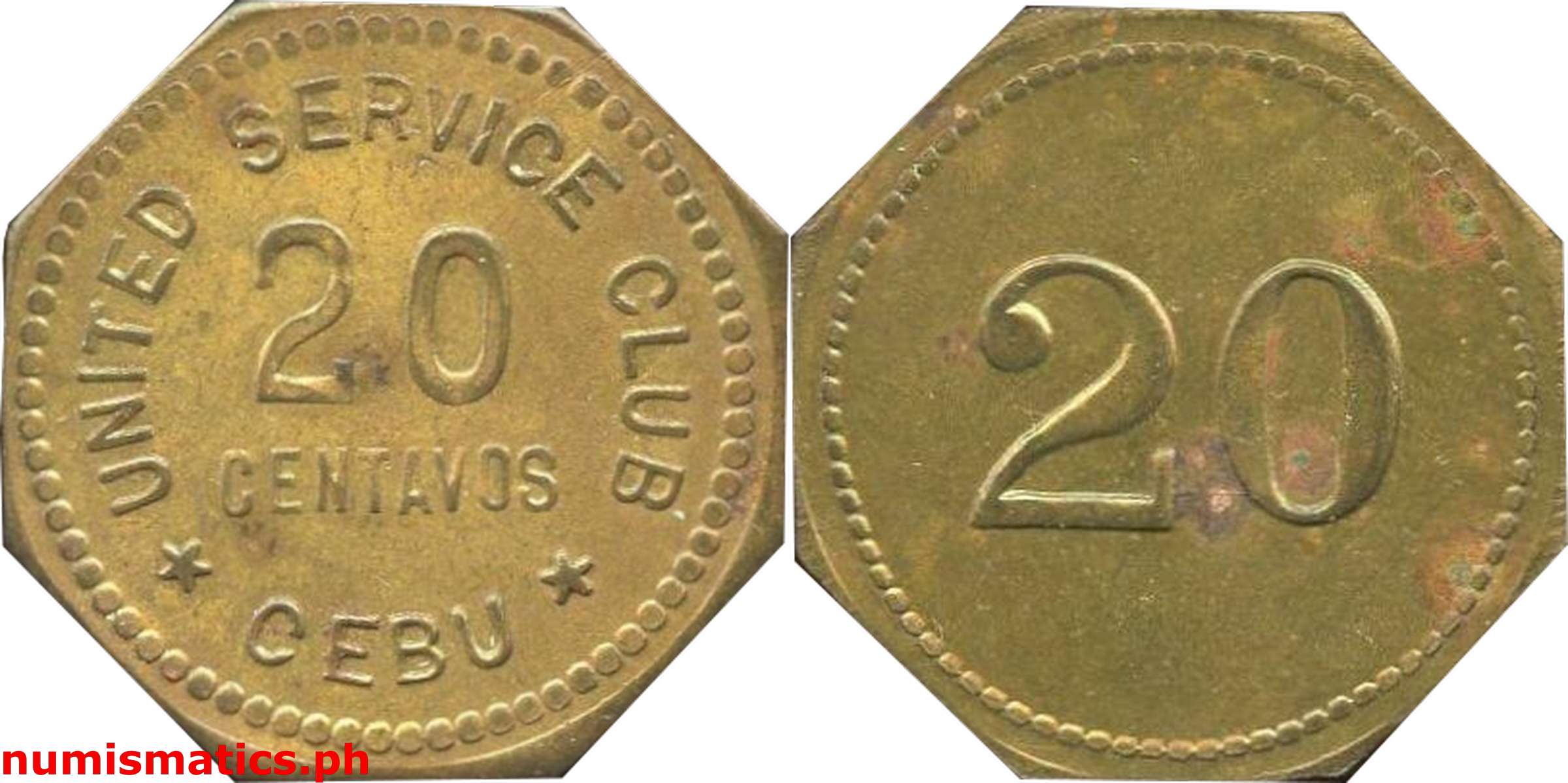 Mid 1900’s 20 Centavos United Service Club Cebu Token