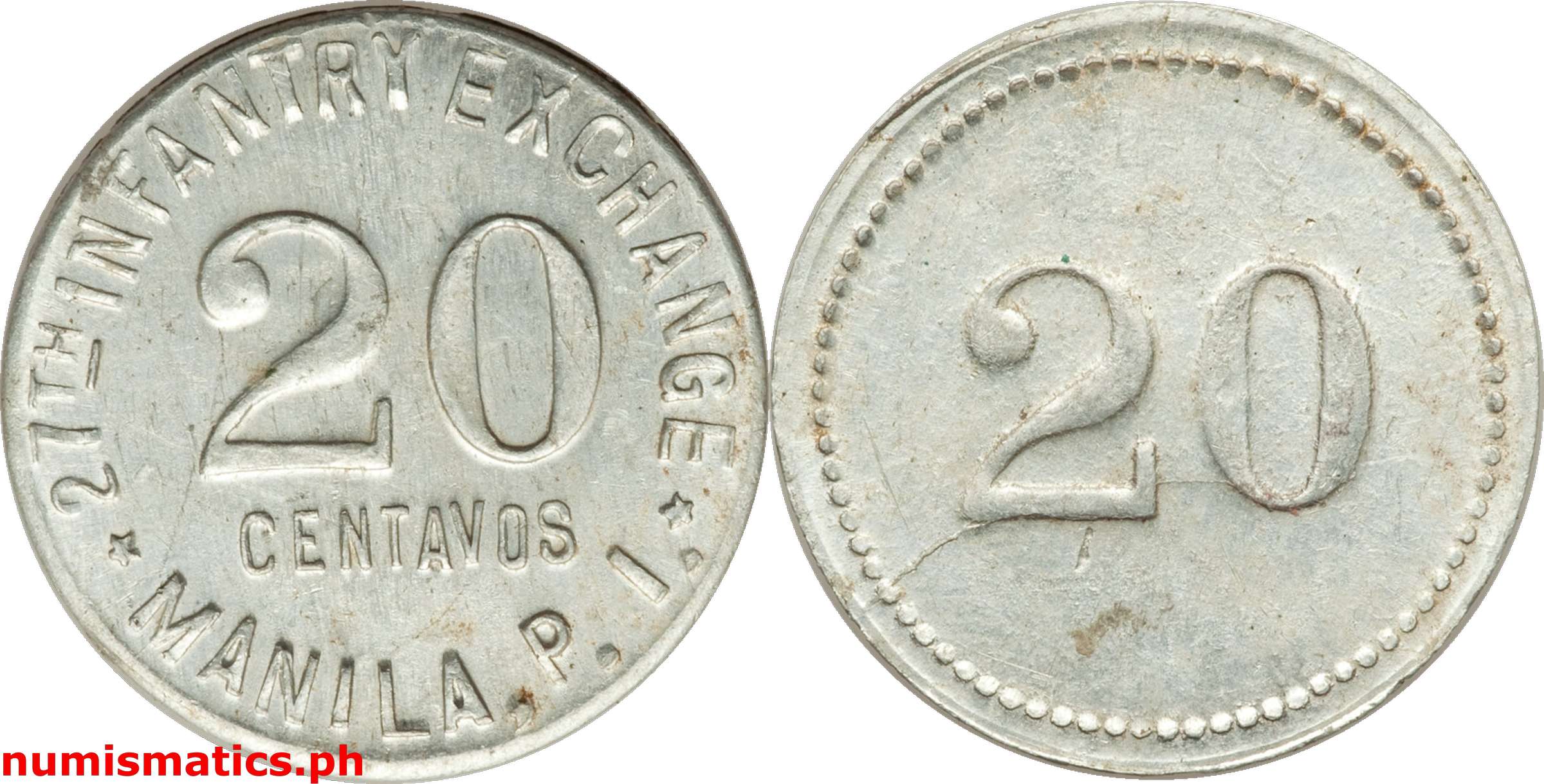 20 Centavos 1920's 27th Infantry Exchange Manila P.I. Military Token