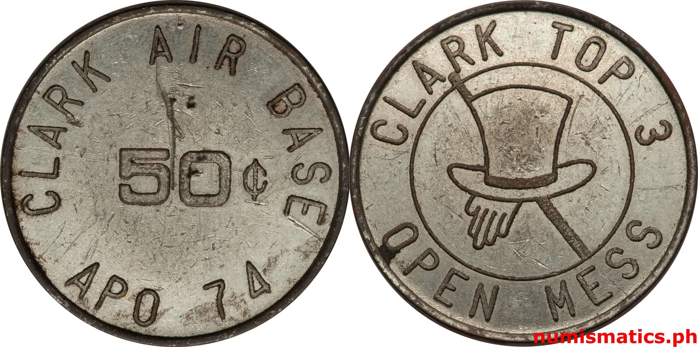 1950's 50 Centavos Clark Air Base Clark Top 3 Open Mess Military Token