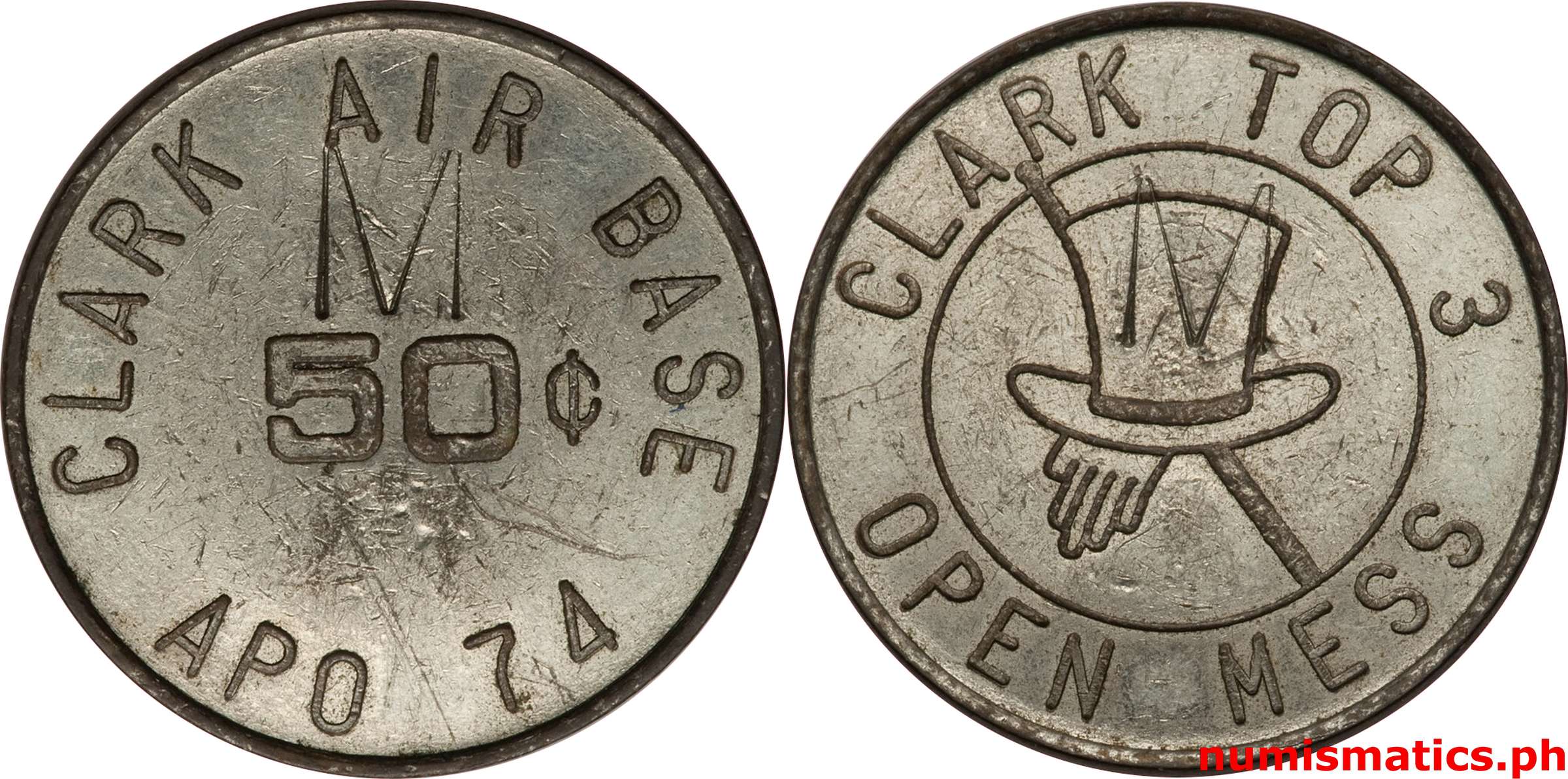 1950's 50 Centavos M Clark Air Base Clark Top 3 Open Mess Military Token