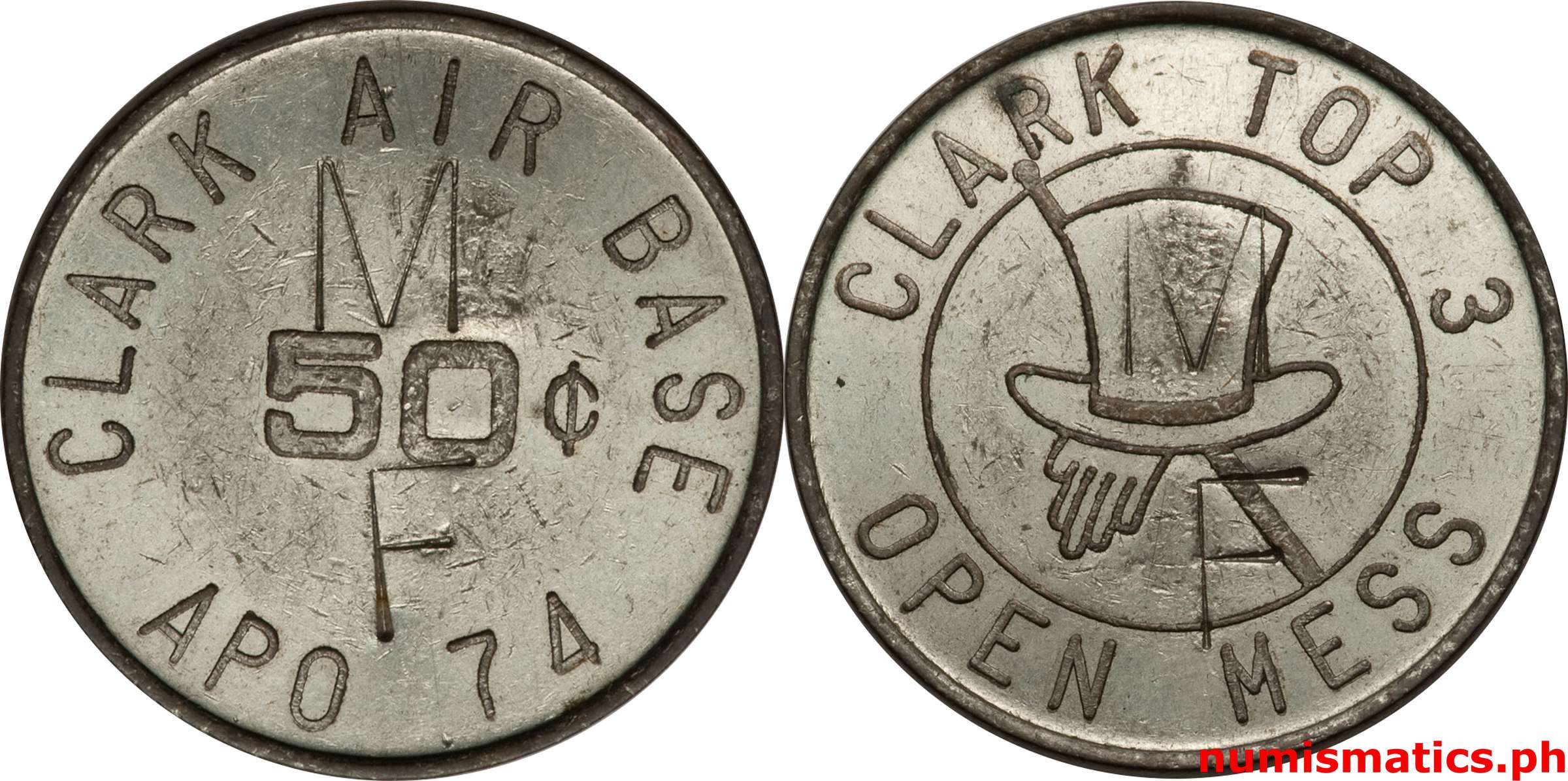 1950's 50 Centavos MF Clark Air Base Clark Top 3 Open Mess Military Token