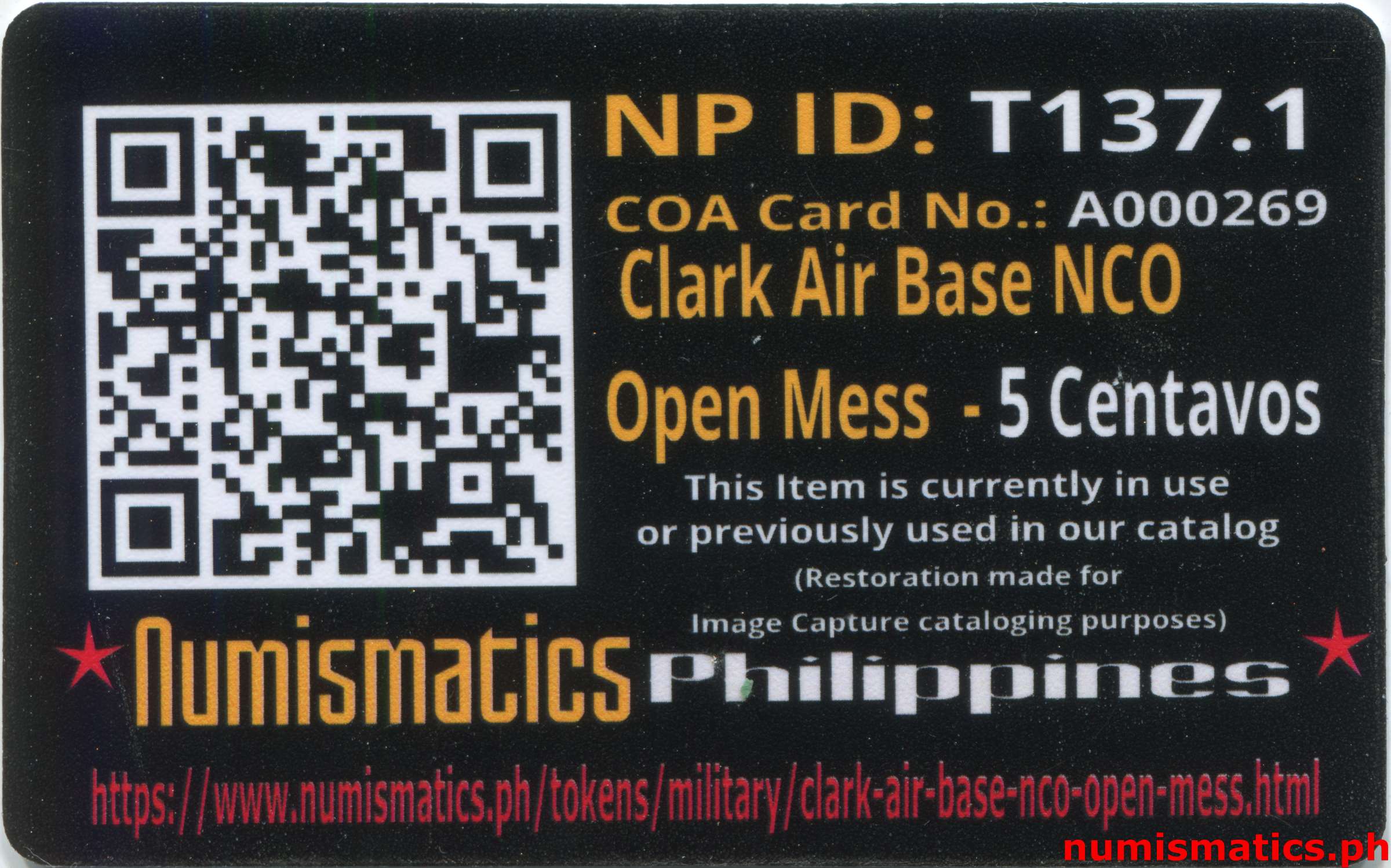 1950’s 5 Centavos Clark Air Base NCO Open Mess Token A000269 COA Card Reverse