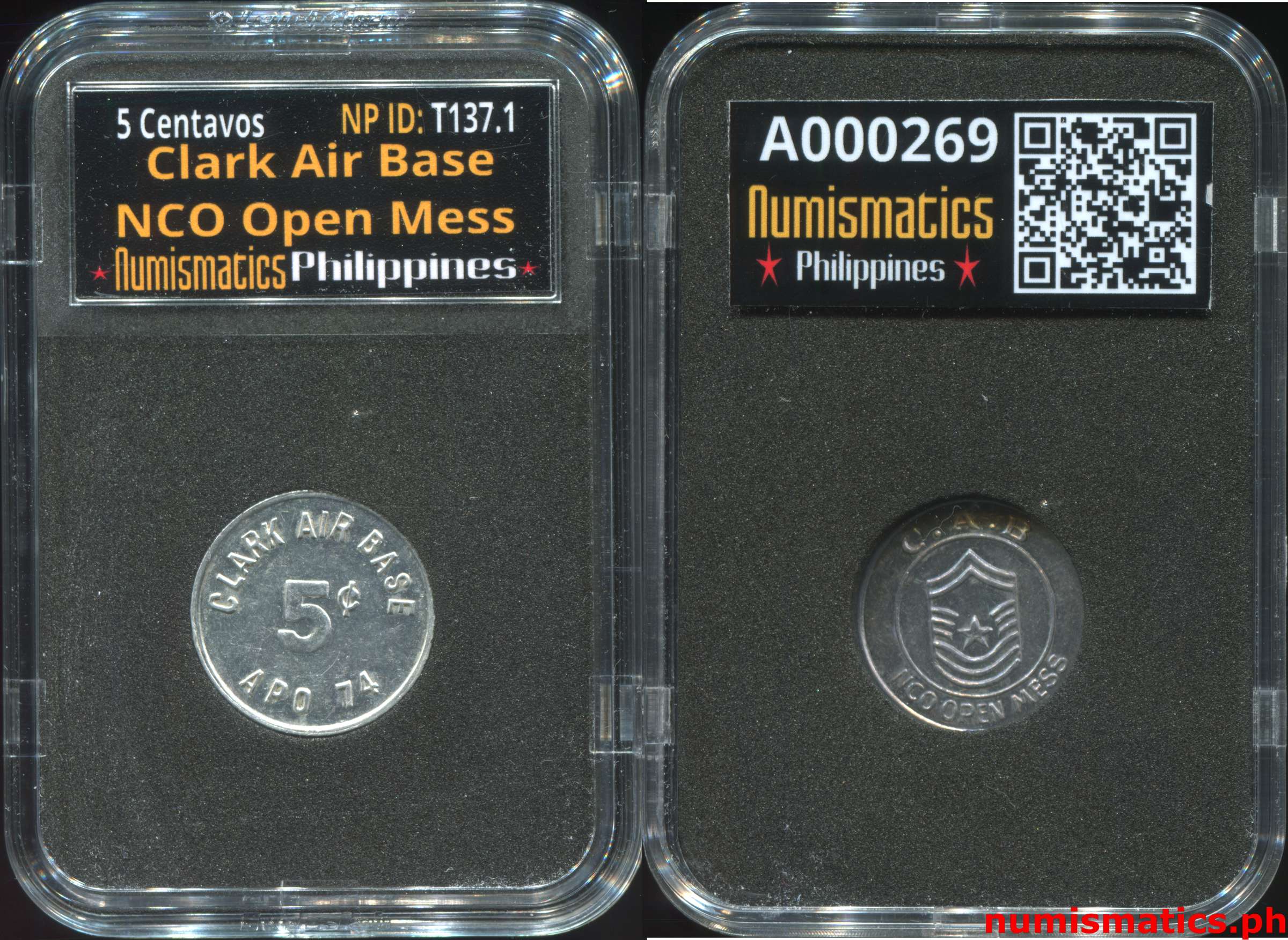 1950’s 5 Centavos Clark Air Base NCO Open Mess Token A000269 Slab