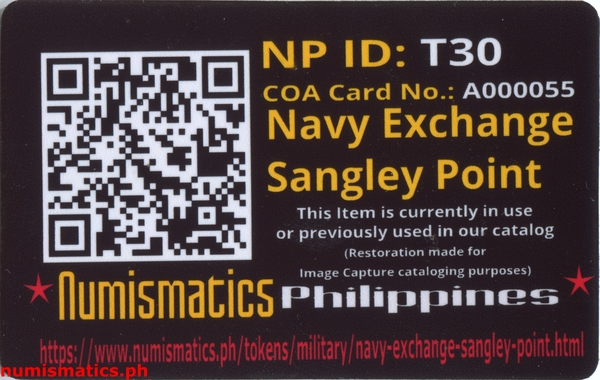 Navy Exchange Sangley Point Vending Token A000055 COA Card Reverse