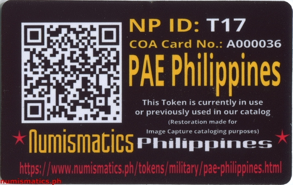 PAE Philippines Military Token A000036 COA Card Reverse