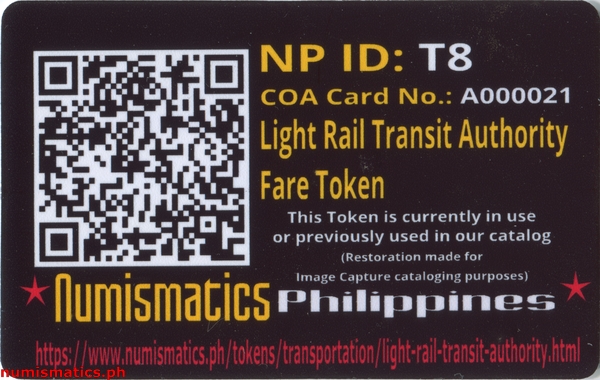 Light Rail Transit Authority Fare Token A000021 COA Card Reverse