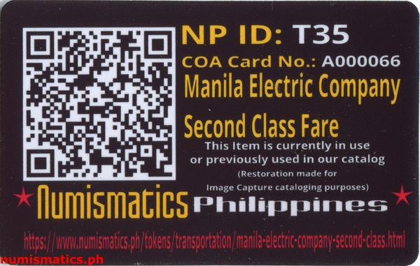 Manila Electric Company Second Class Fare Tranvia Token A000066 COA Card Reverse