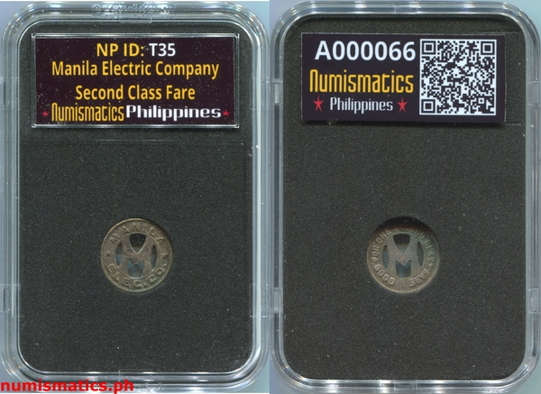 Manila Electric Company Second Class Fare Tranvia Token A000066 Slab