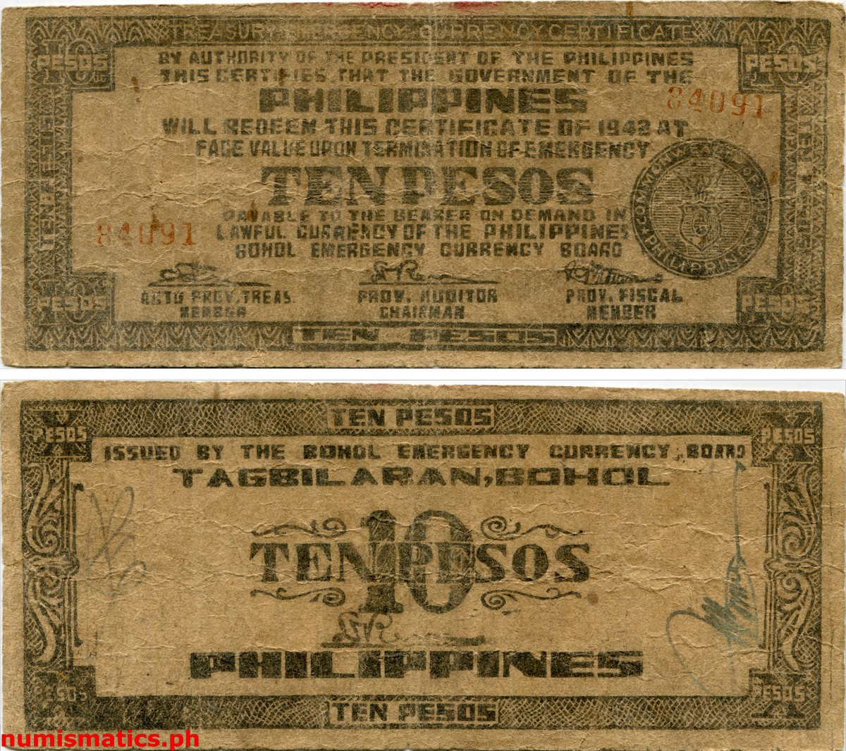 1942 10 Pesos Plain Brown Paper Handwritten Signature of Dorotea Toledo and Jose C. Borromeo, Facsimile Signature of Dalmatia Ramos Bohol Treasury Emergency Currency Certificate