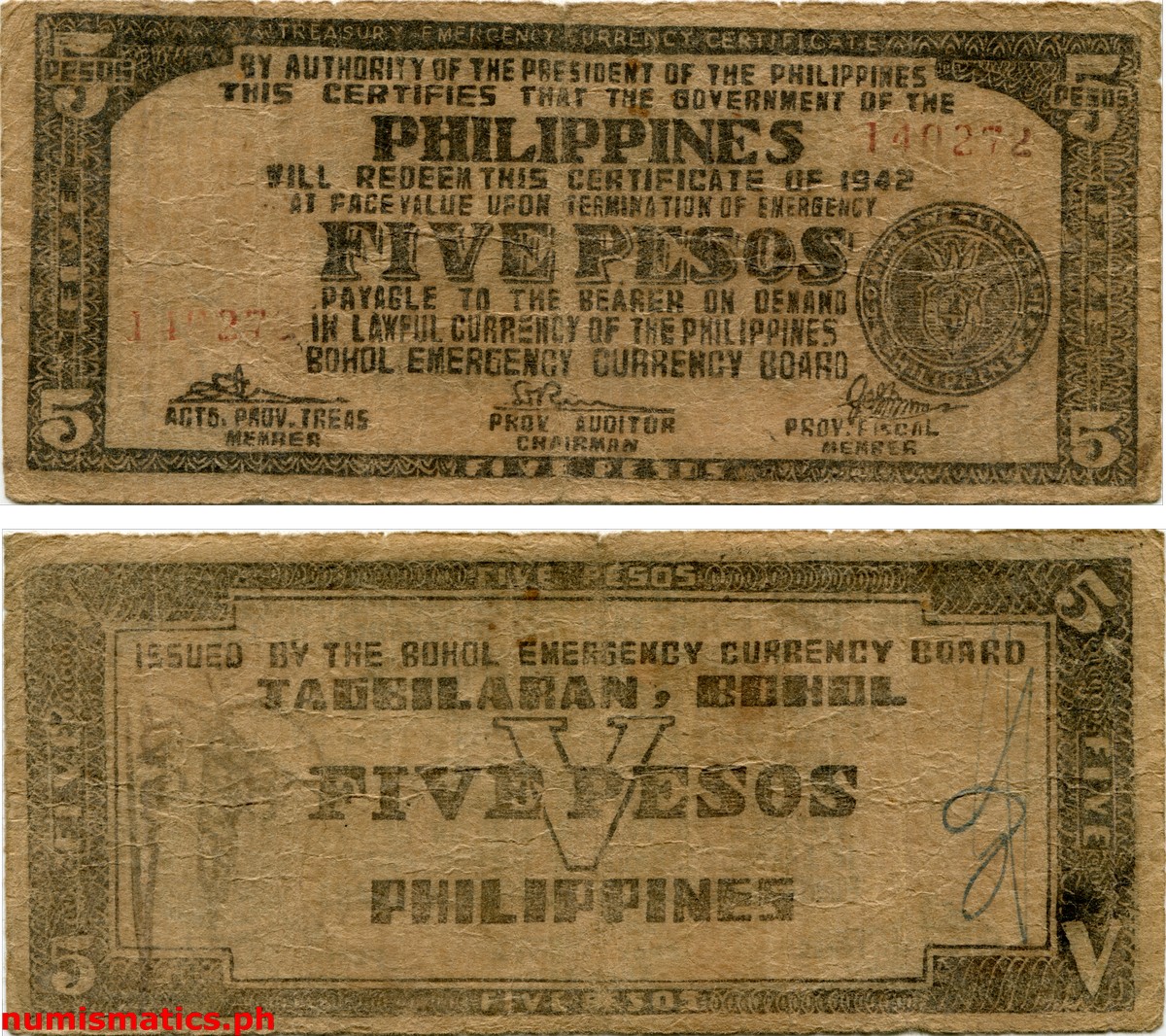 1942 5 Pesos Plain Brown Paper. Handwritten Signature of Dorotea Toledo, large Facsimile Signature of Dalmatia Ramos and Jose C. Borromeo Bohol Treasury Emergency Currency Certificate