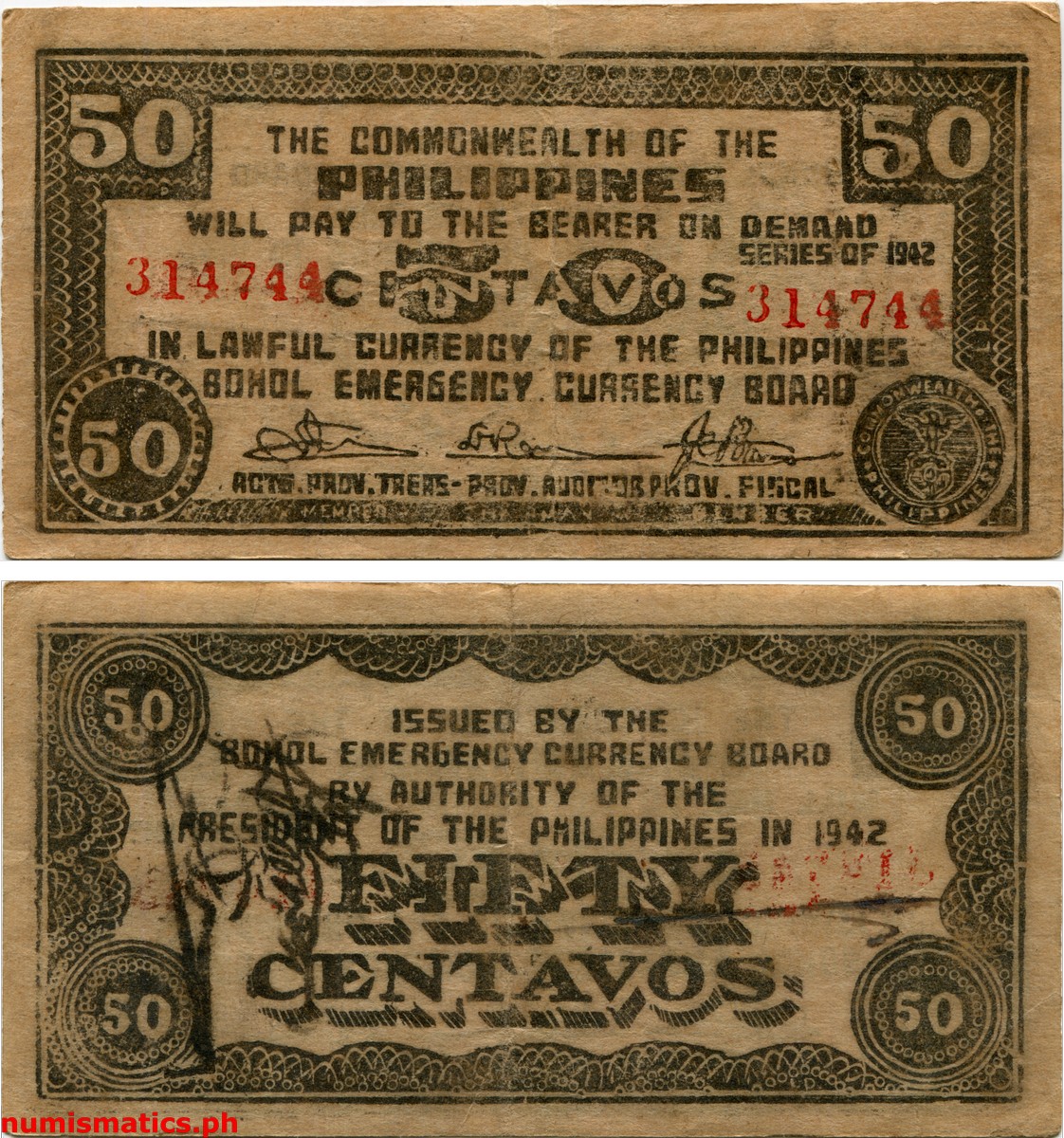 1942 50 Centavos Handwritten Initial of one Member, Large Facsimile Signature of Jose C. Borromeo and Dorotea Toledo Bohol Emergency Currency Note