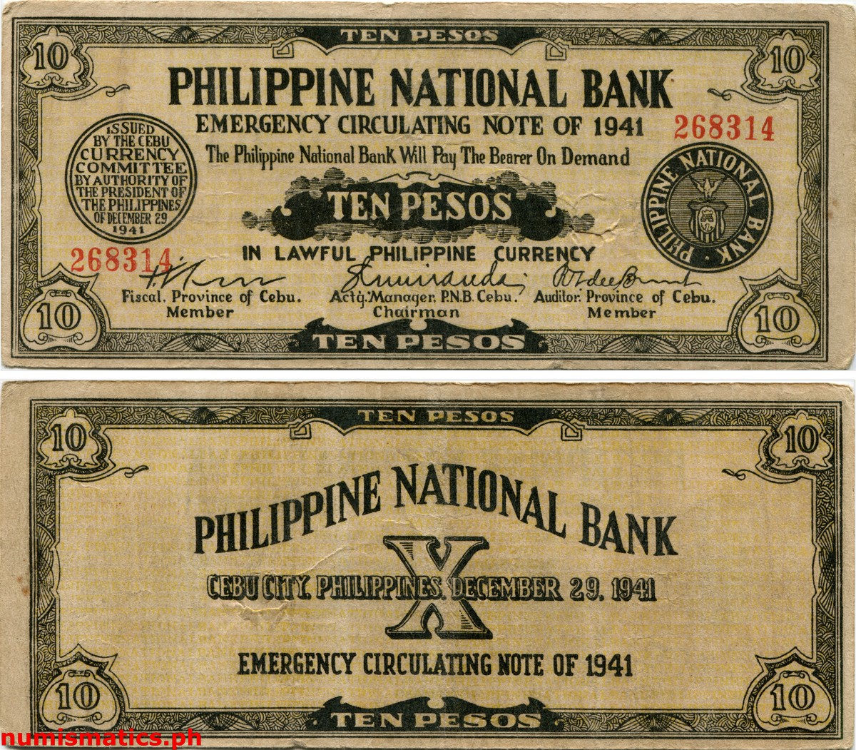 1941 10 Pesos Vertical Lines Cebu Emergency Circulating Note