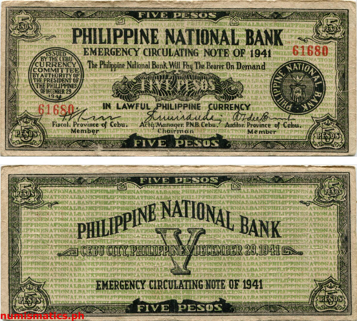 1941 5 Pesos Vertical Lines Cebu Emergency Circulating Note