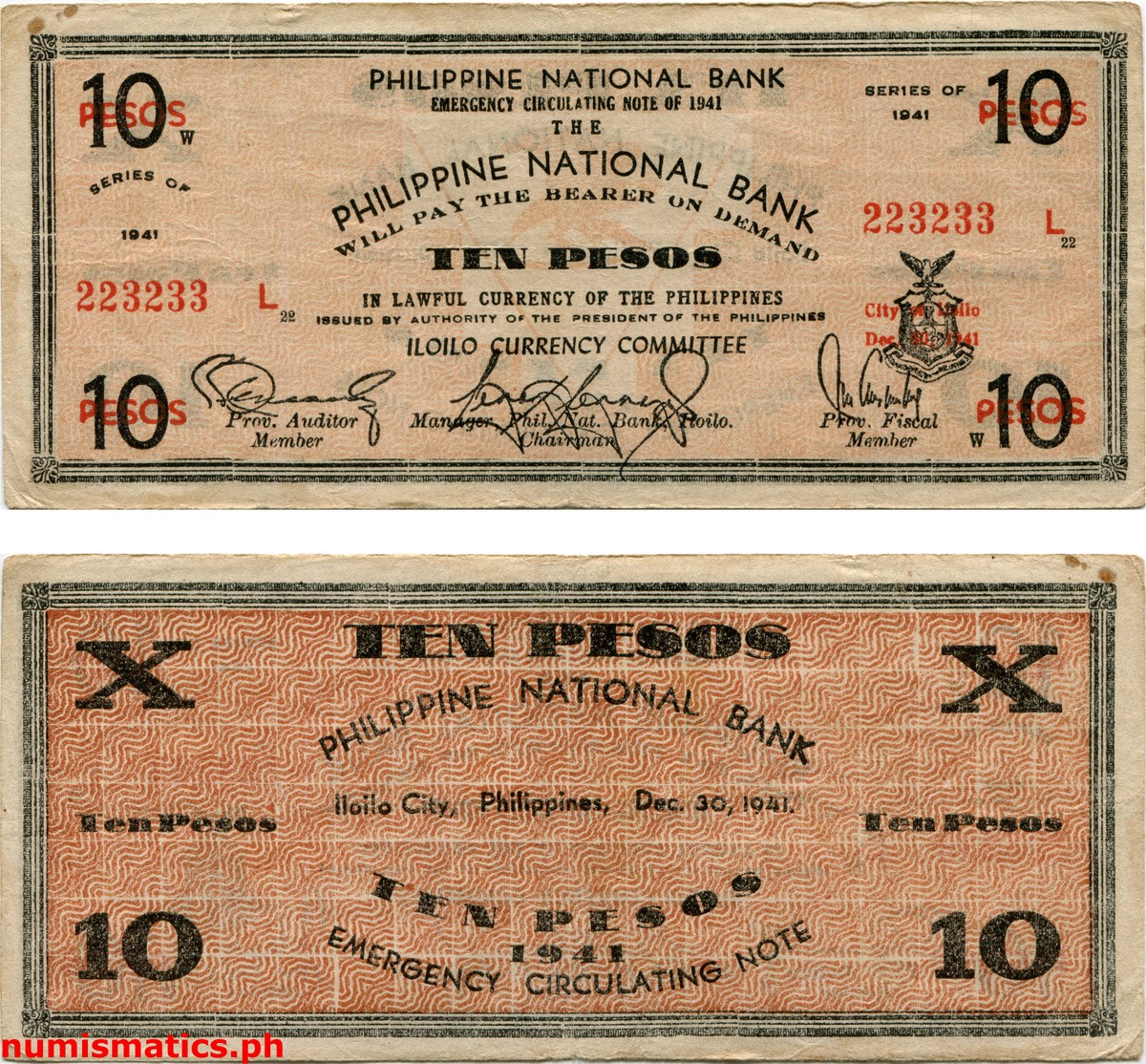 1941 10 Pesos Facsimile Signature Iloilo Emergency Circulating Note