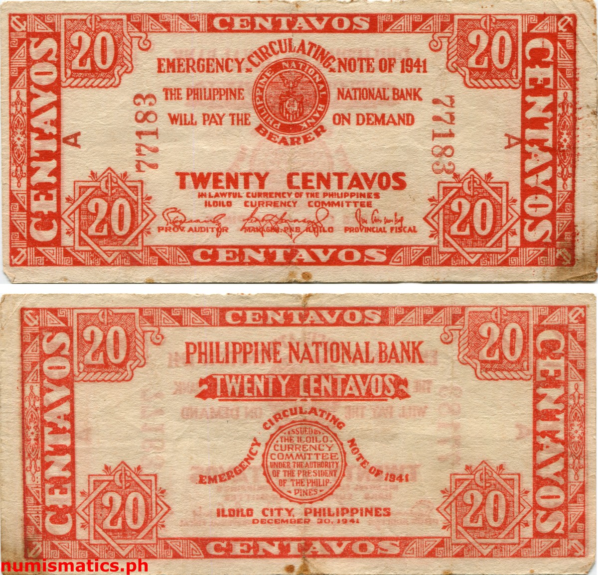 1941 20 Centavos Iloilo Emergency Circulating Note