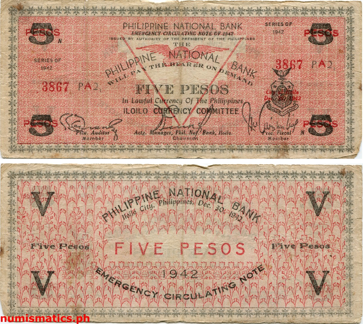 1942 5 Pesos Villalon Iloilo Emergency Circulating Note