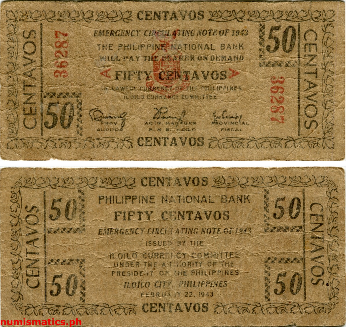 1943 50 Centavos Iloilo Emergency Circulating Note