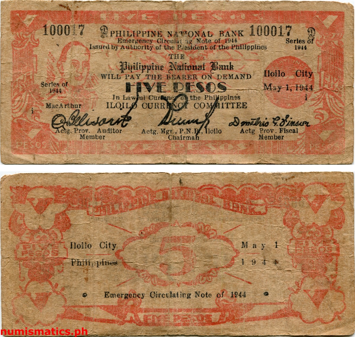 1944 5 Pesos Dialosa Iloilo Emergency Circulating Note