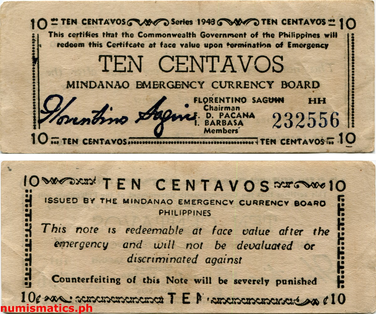 1943 10 Centavos Third Printing Mindanao Emergency Certificate